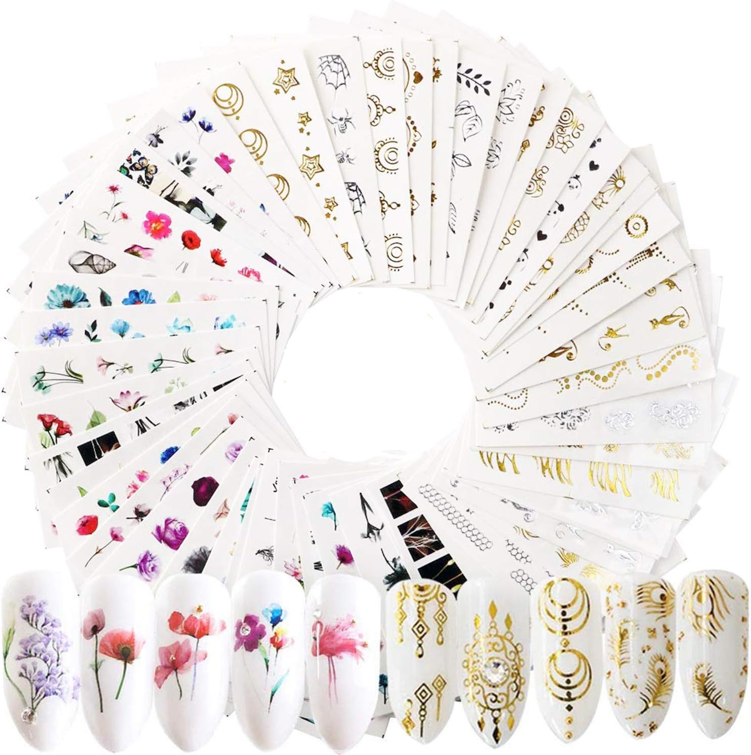 54 Sheets Nail Art Water Transfer Stickers Nail Decals 3D Self-Adhesive Stickers for Women Girls Gel Nails Art Decoration - Various Flowers,Gold and Silver Butterfly Stars