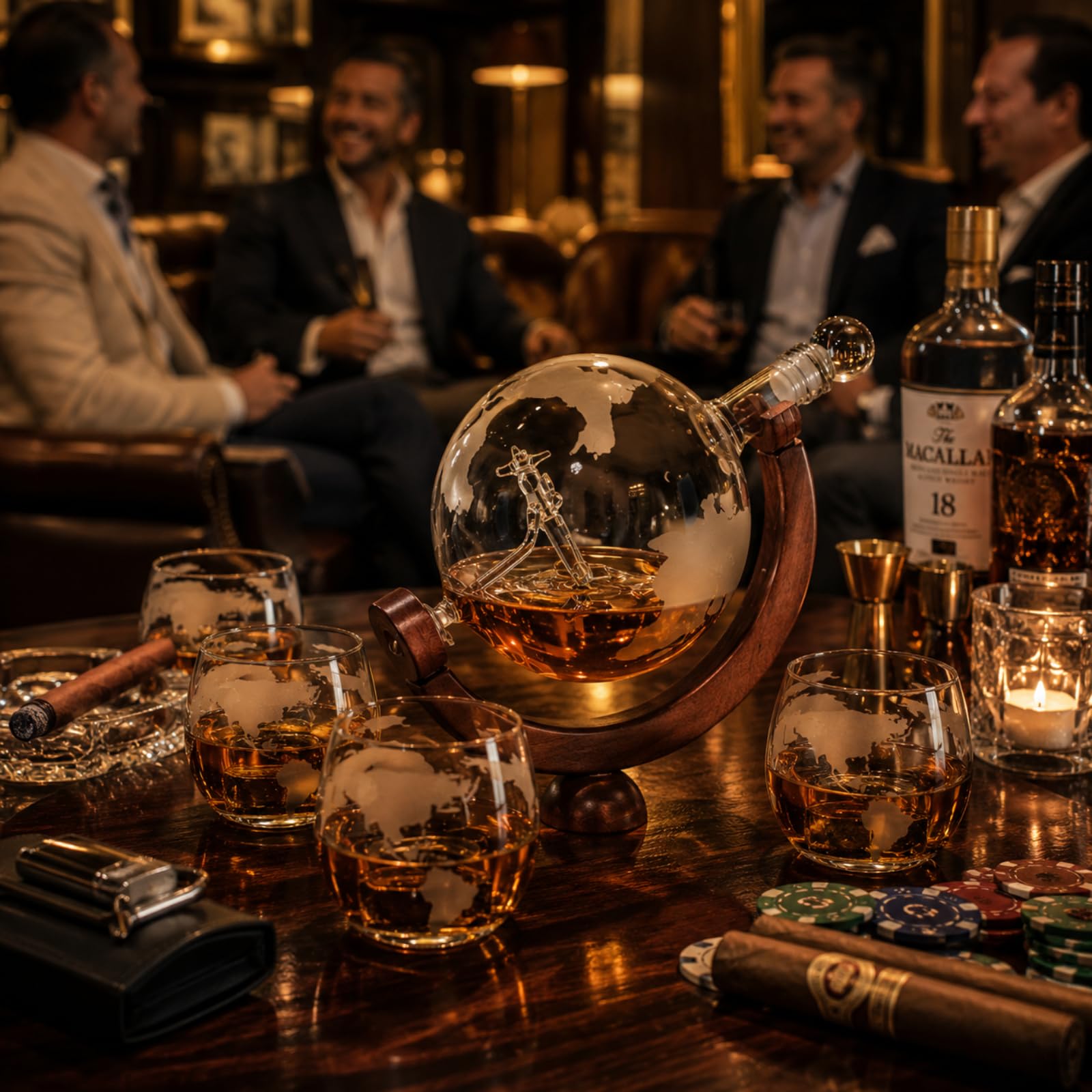 Carafe à décanter du monde gravée – Coffret cadeau à whisky The Wine Savant avec avion antique, pierres à whisky et 4 verres carte du monde, cadeau pilote – Cadeau lié à l'alcool, décoration de bar à