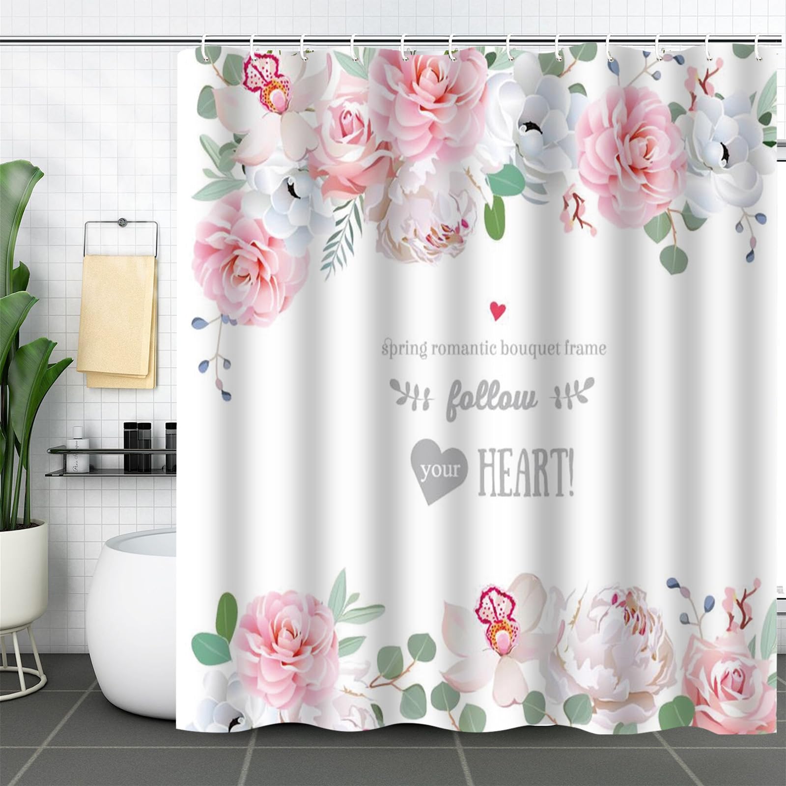FAIRYGATE Pink Shower Curtains Cherry Blossom Shower Curtain Japanese Sakura Floral Spring Bathroom Curtain Waterproof Mildew & Mould Resistant Polyester Fabric Bath Curtain with 12 Hooks B8506