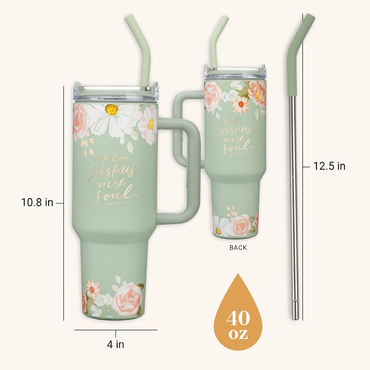 Christian Art Gifts Inspirational Stainless Steel Double-Wall Insulated XL Travel Mug Tumbler Thermos for Women: He Restores My Soul Scripture, Reusable Straw, Twist Lid, Light Green Floral, 40 oz.