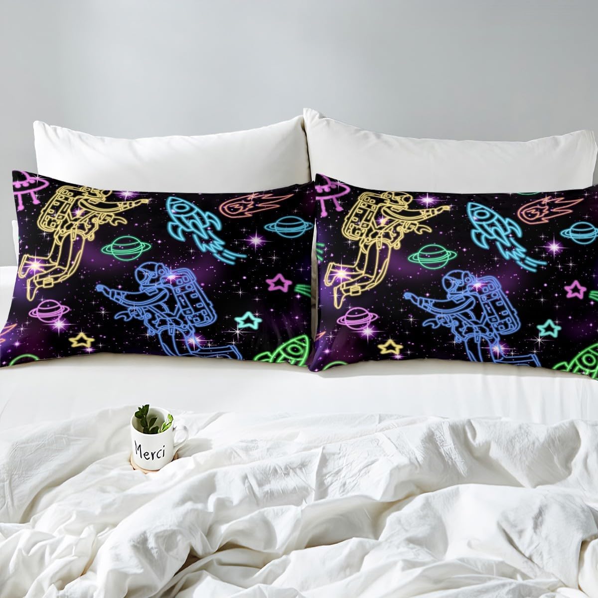 Manfei Galaxy Sky Duvet Cover Set Toddler,Tie Dyed Glitter Sky Comforter Cover 2pcs for Boys Teens,Outer Space Planet Quilt Cover,1 Pillowcase(No Comforter),Cartoon Neon Rocket Astronauts Quilt Cover