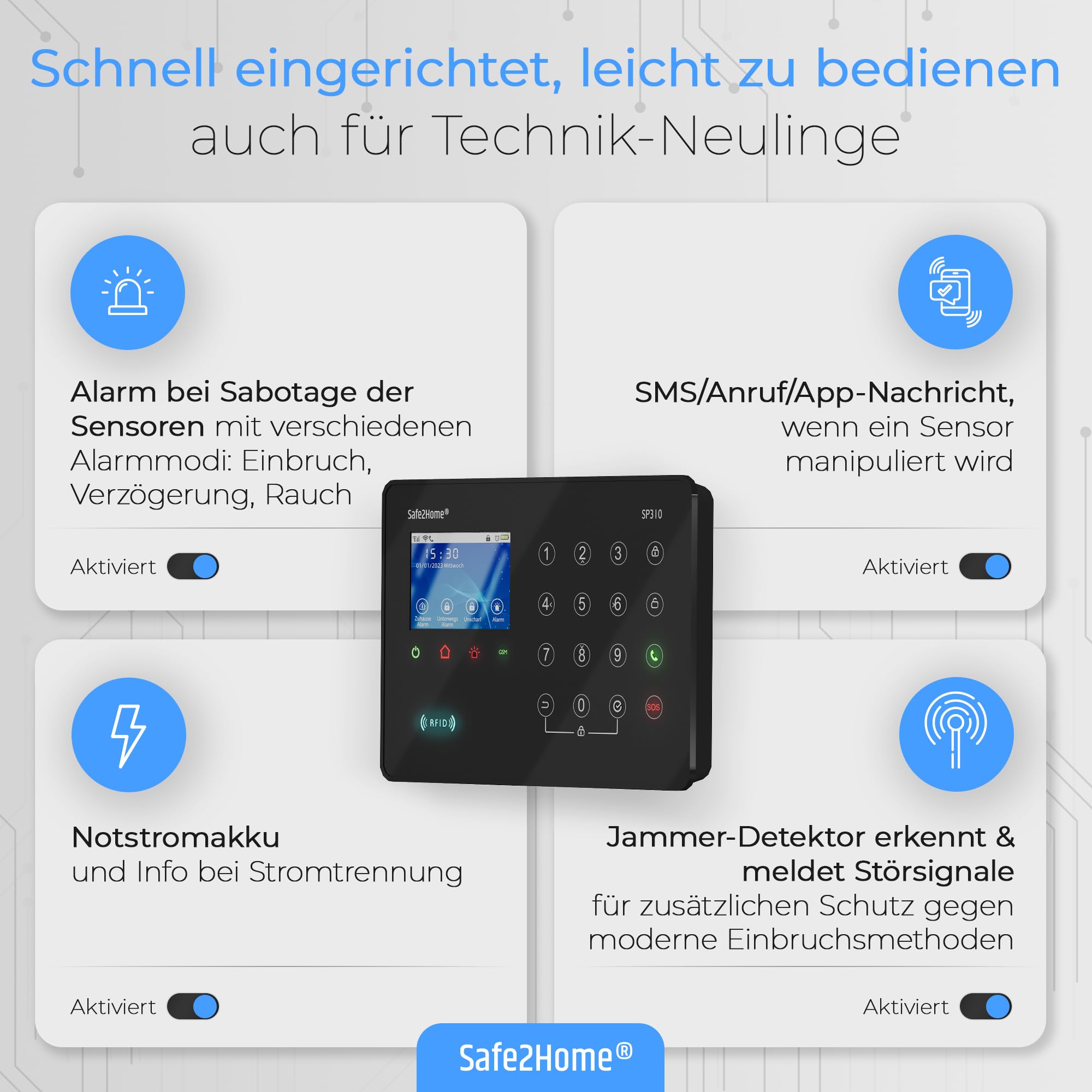 Safe2Home® Sistema de alarma inalámbrico para casa, gran set SP310 con sirena solar, código de cambio, canales cambiantes, base certificada por TÜV-Rheinland, sistema de alarma WiFi con aplicación y