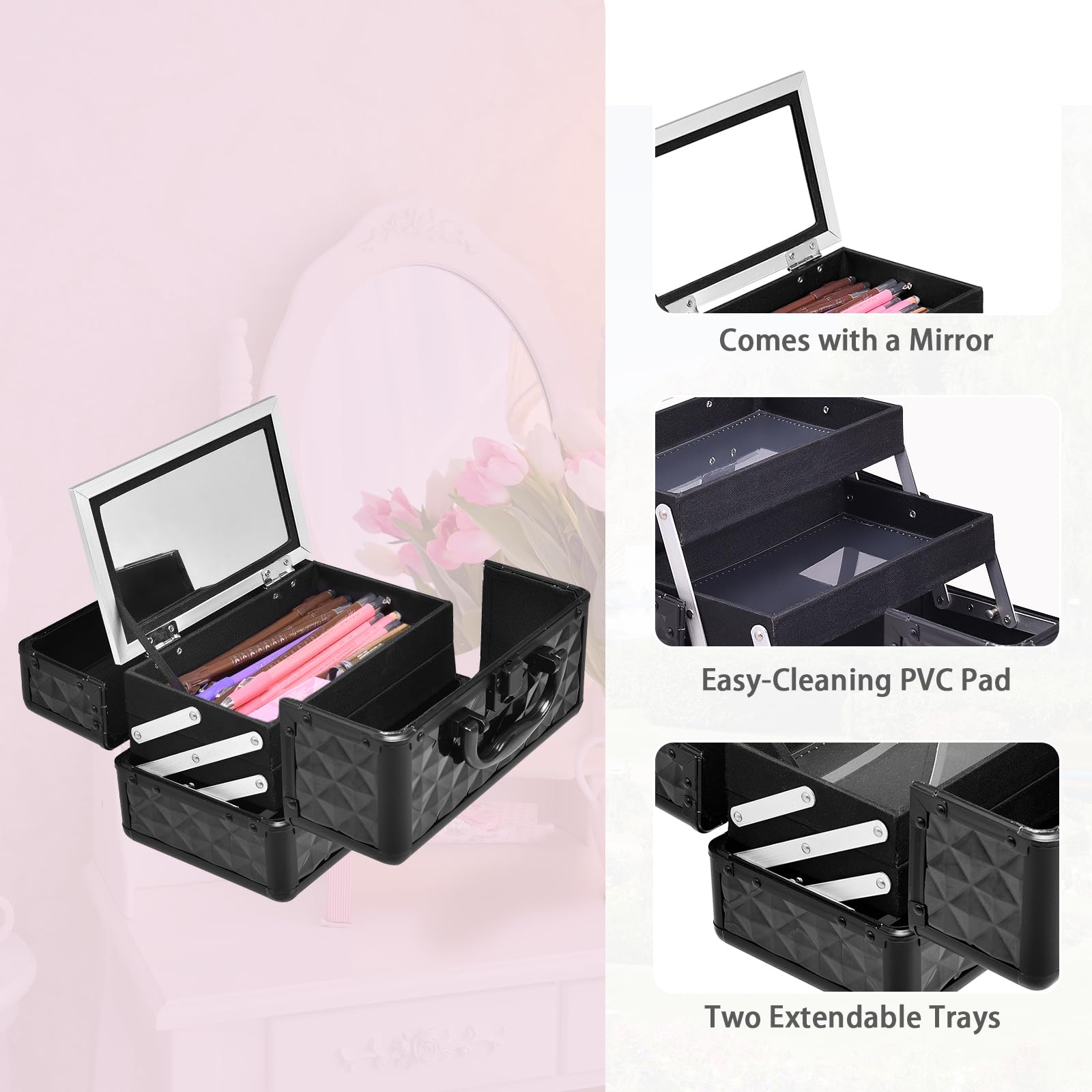 HOMASIS Valigetta Trucchi con Specchio, Borsa Trucco Professionale con 3 Livelli Estendibili, Mini Beauty Case con Maniglia e Serratura, 23 x 15 x 18 cm (Nero)