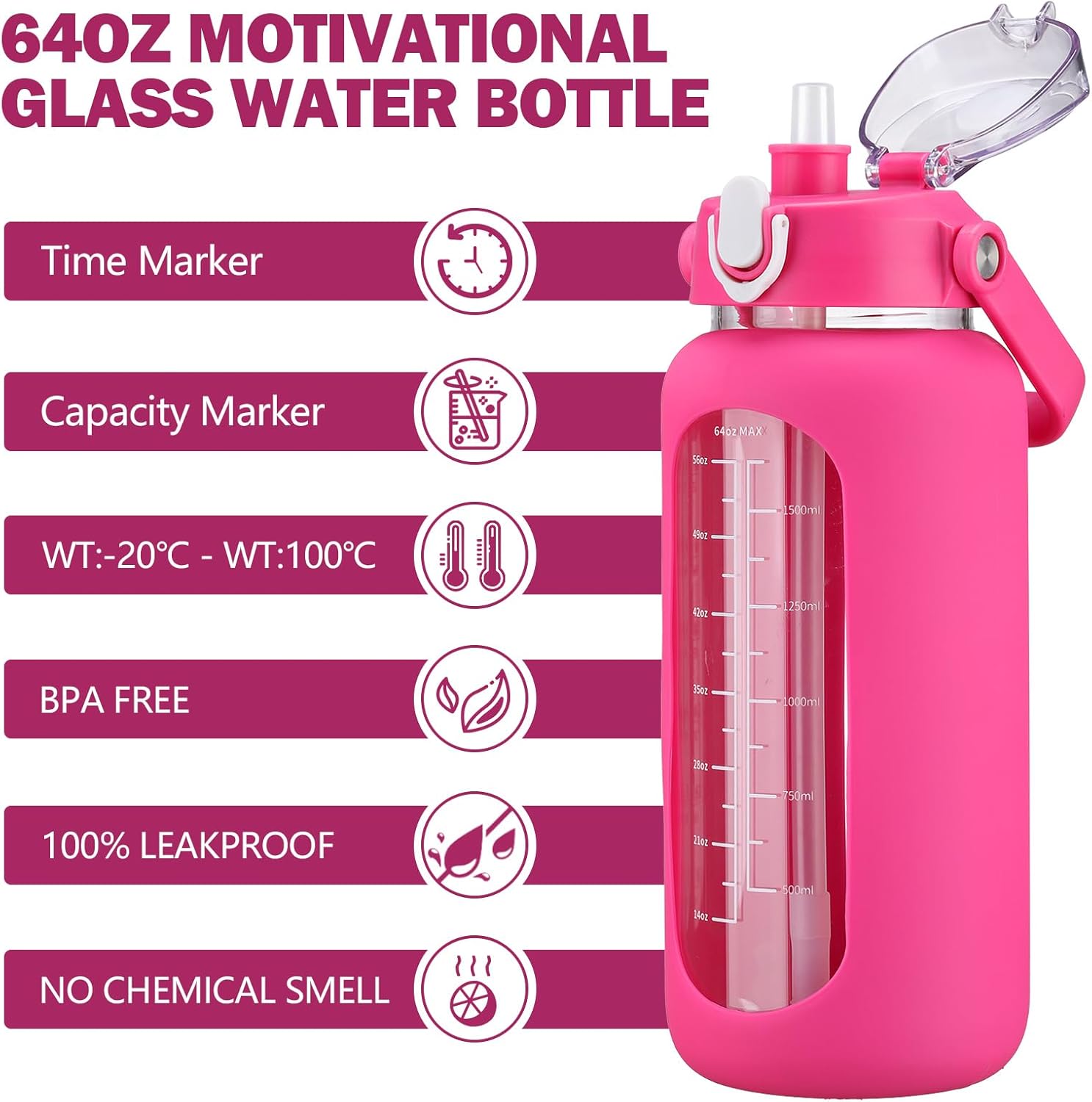 kytffu 64oz Glass Water Bottles with Straw, Half Gallon Motivational Glass Bottle with Silicone Sleeve and Time Marker, 2L Leakproof Large Glass Water Jug for Gym Home Office, Rose Red - Image 2