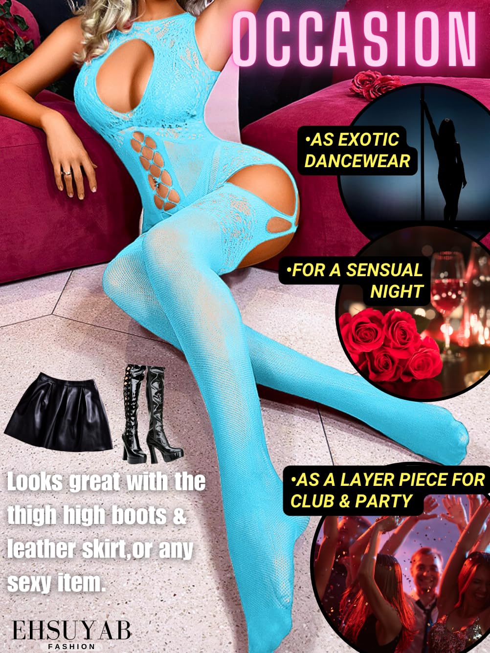 EHSUYAB Women Body Stockings Sexy, Exotic Dancer Fishnets Lingerie Glow Party, Fishnet Bodysuit Rave Outfits Club Plus Size: Light Blue