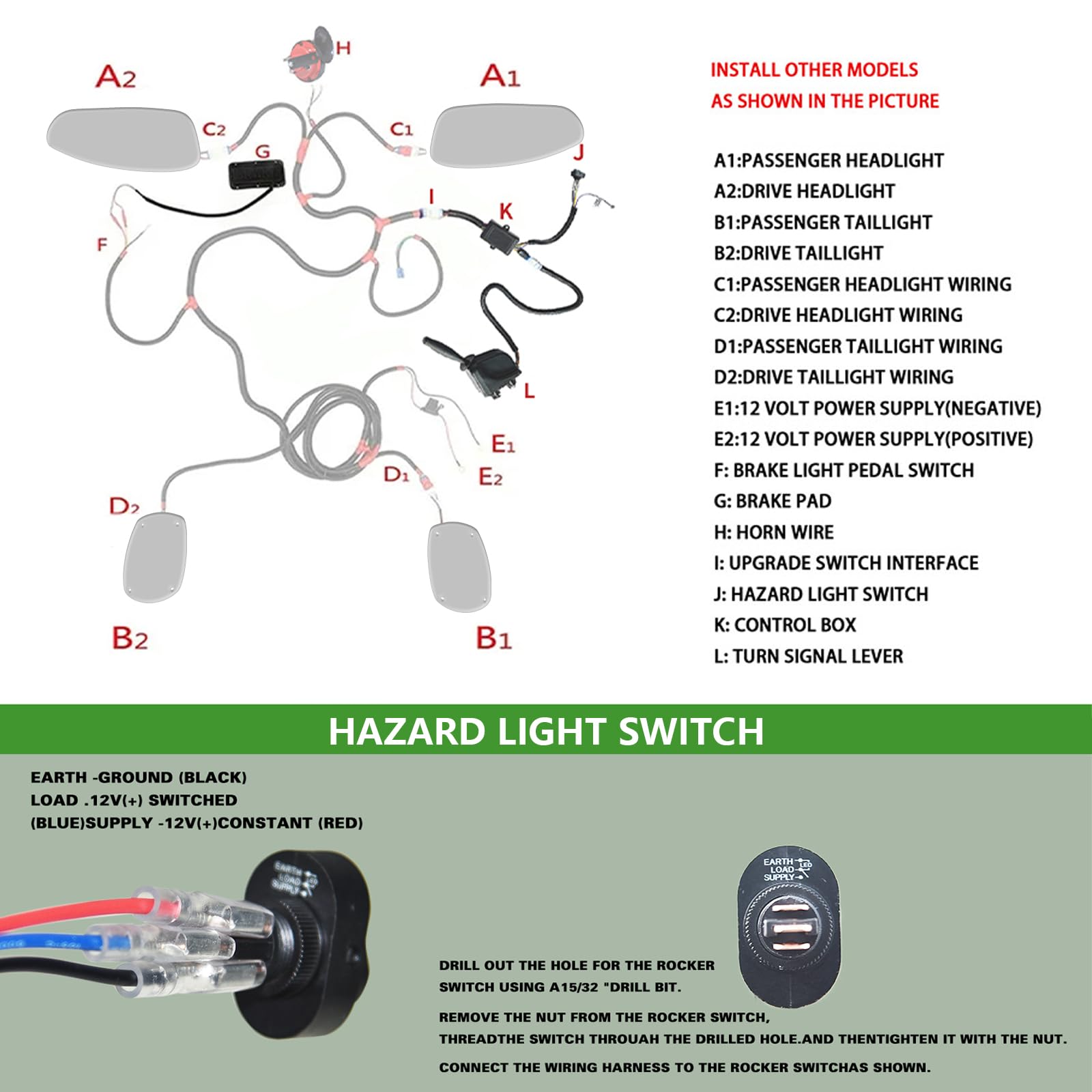 Golfwagen-Blinker-Kit mit Hupe, Bremslichtschalter, 9-poliger Stecker, Deluxe-Upgrade-Kabelbaum, 12 V, Straßenzulassungslicht-Set für Club-Auto, EZGO TXT RXV