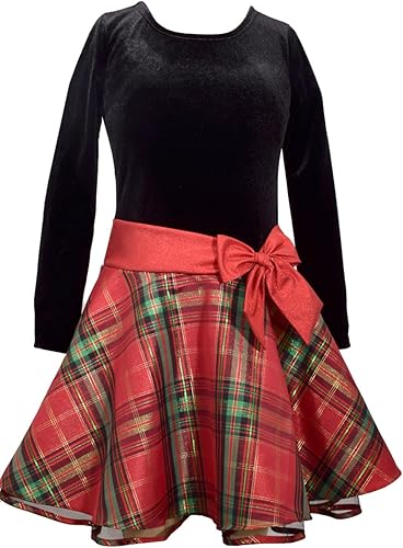 Bonnie Jean Vestido de cintura con lazo para niñas de 4 a 16 años de terciopelo azul marino con rayas plateadas