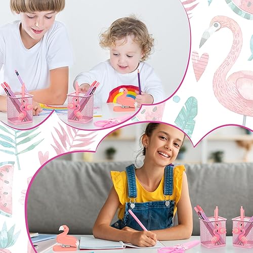 Miniatura 4 de Chuangdi 4 piezas de accesorios de escritorio de flamenco de metal, soporte para lápices de flamenco, tijeras de flamenco, grapadora de flamenco,