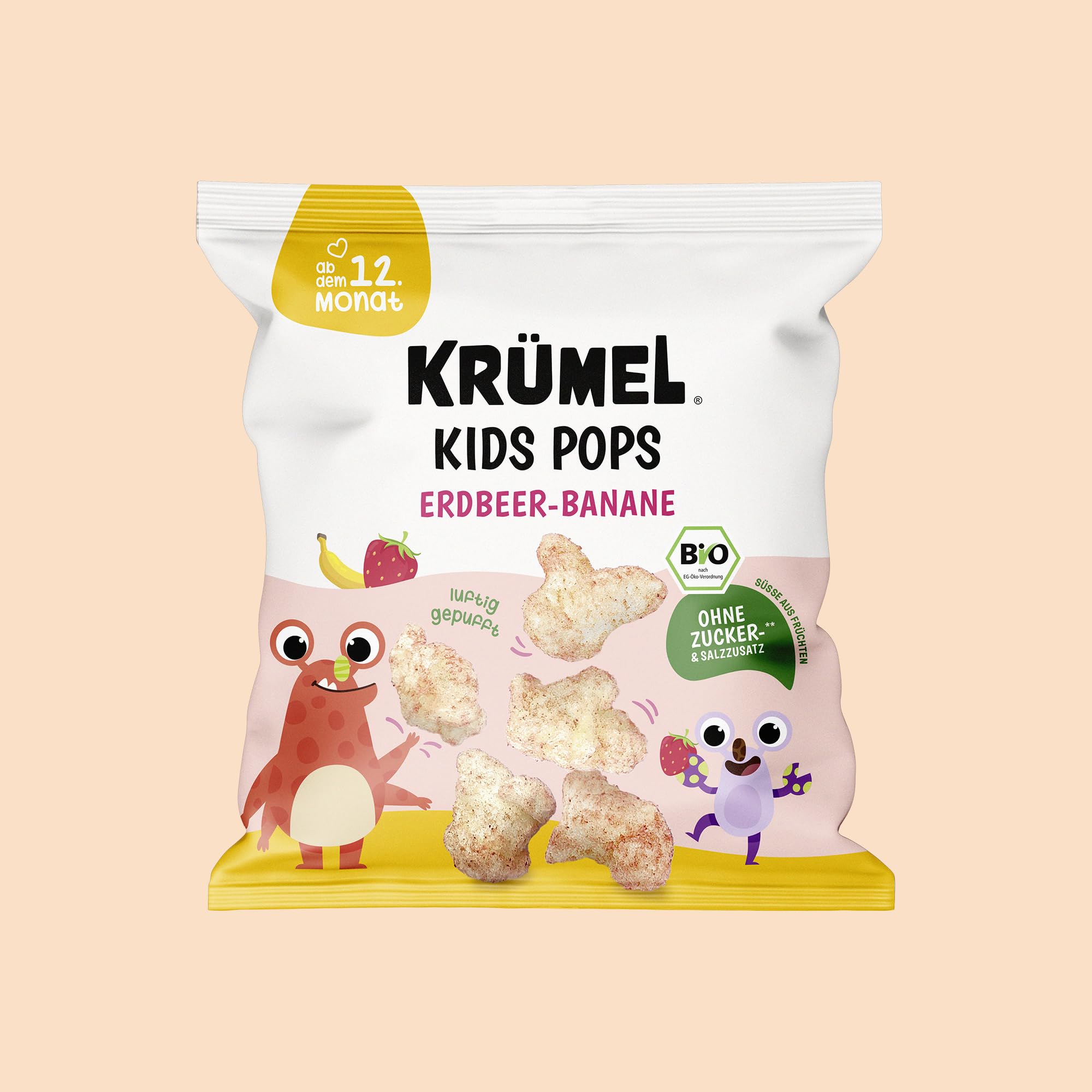 KRÜMEL Bio Kids Pops Erdbeer-Banane - Luftig gepuffter Bio-Snack für Kinder - Ohne Zuckerzusatz - Mit Vitamin B1 - Vegan - Aus Mais & Reis - 83 kcal pro Portion (8 x 20g)