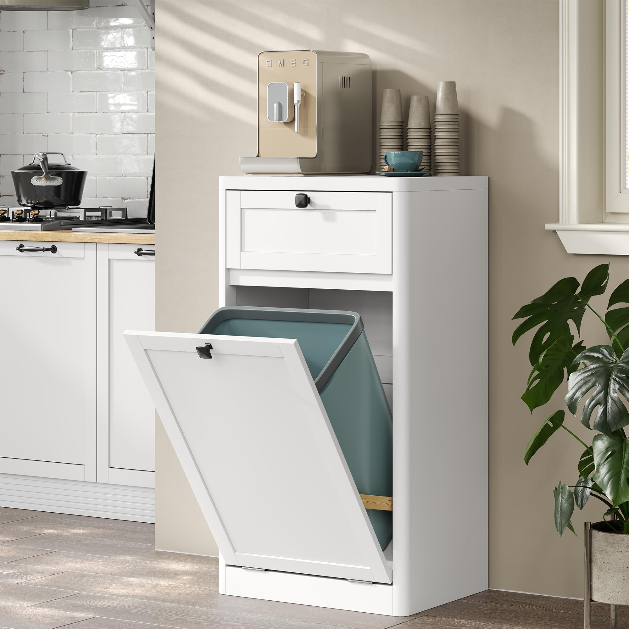 Furniouse 13 Gallons Tilt Out Trash Can Cabinet in White