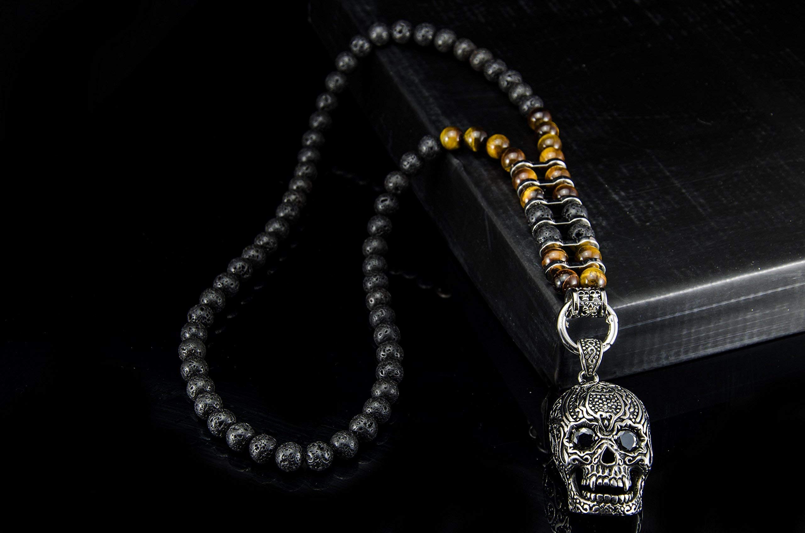 Kette für Herren Männer Halbedelstein Totenkopf Halskette Rosenkranz Onyx Schmuck schwarz Perlenkette Bikerschmuck Skull Edelstahl Gebetskette Geschenk Gothik Matt Lava Handmade