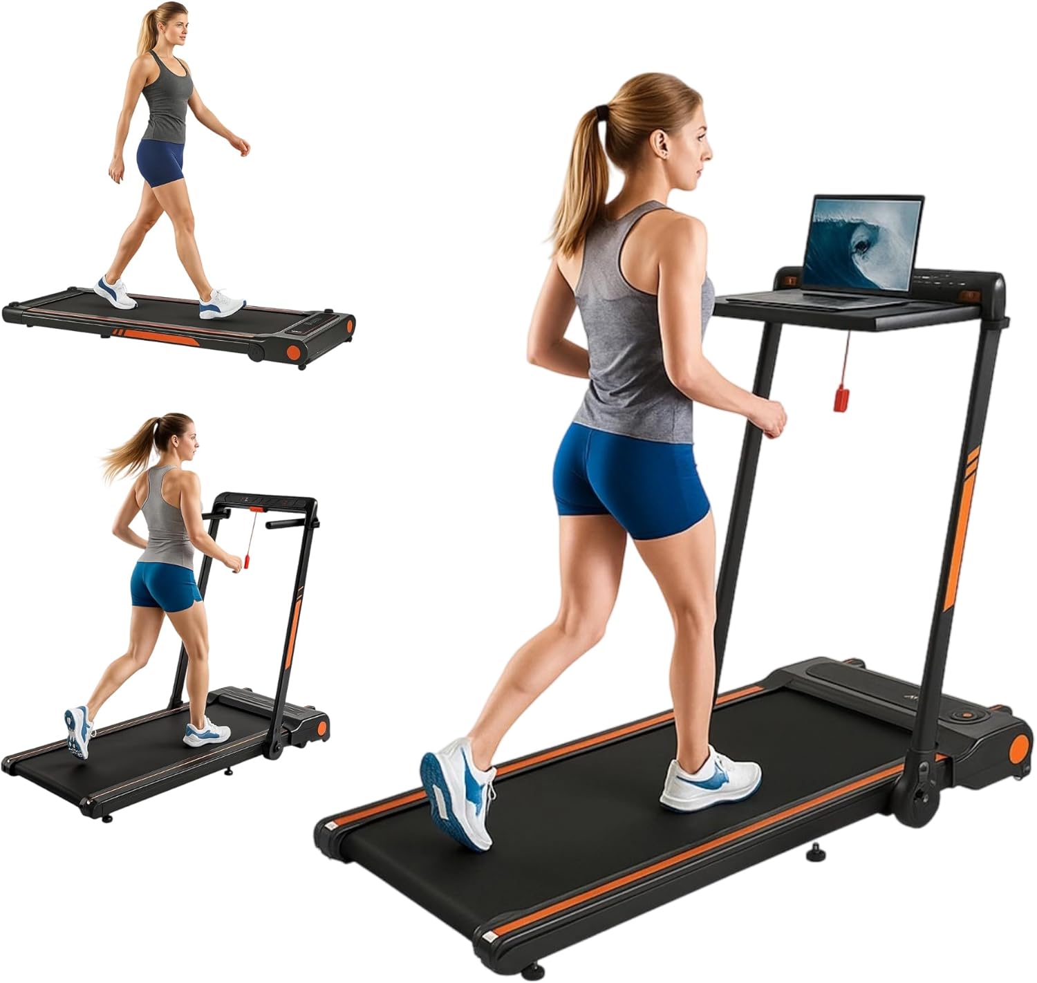 جهاز مشي قابل للطي مع منحدر ، وسادة للمشي 300 رطل سعة 3 في 1 تحت مكتب مفرغة مع مكتب قابل للإزالة ، وأجهزة مشي صغيرة قابلة للطي صغيرة الحجم للمنزل / مكتب صغير