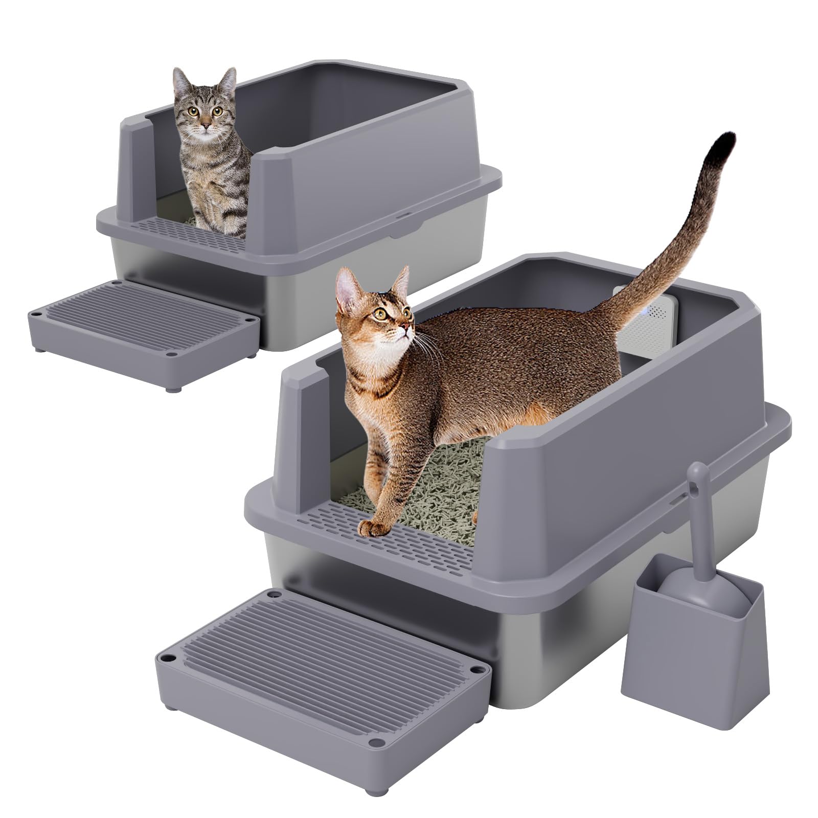 RIZZARI Stainless Steel Litter Box: Gray Leakproof Open Top Tray - Teflon Non-Stick Coating - Large Size Odor Control for Cats Under 20 lbs - with Deodorizer - 2 Pack - for Laundry Room Restroom