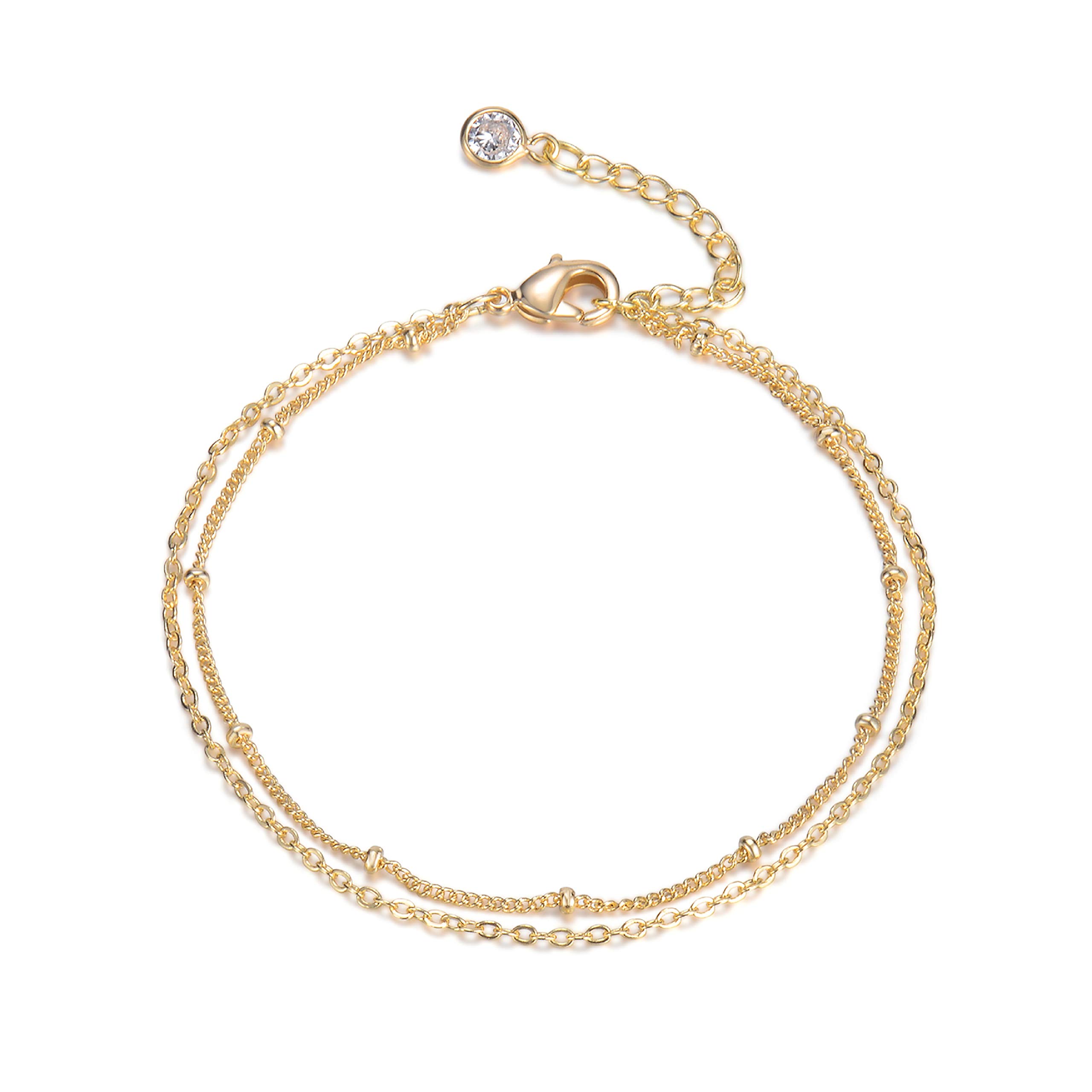 Bemoly Ankle Bracelets for Women 14K Gold Plated Satellite Anklets Double Layered Cute Beads Chain Tassel Coin Disc Heart Summer Boho Beach Foot Chain
