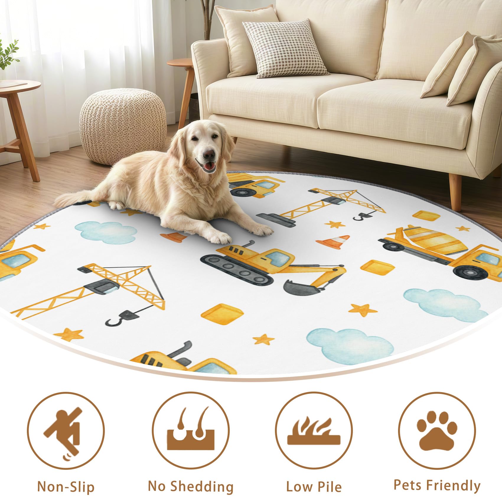 Baustelle Kinder Teppich Rund 120cm Kurzflor - Waschbare Teppiche Wohnzimmer Jungen Bagger LKW Fahrzeuge - Runder Teppich 120 Durchmesser Kinderzimmer - Bettvorleger Schlafzimmer rutschfest