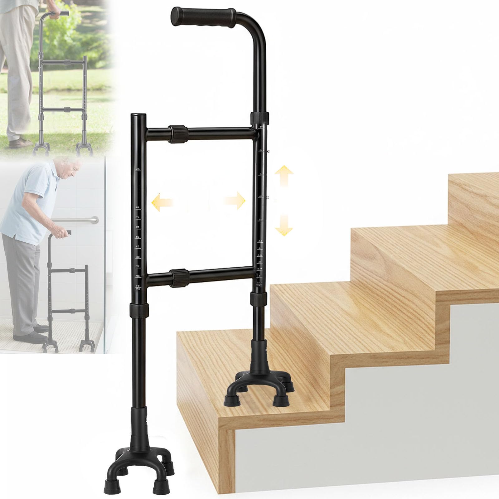 Gehstock, Treppensteighilfe Krücken Gehhilfe Stock Gehhilfe für Senioren Höhe (85-115CM) und Breite(22-36CM) Einstellbar Vierbeinige Basis Vielseitiges Gehstock Treppensteighilfe 2-in-1 Design