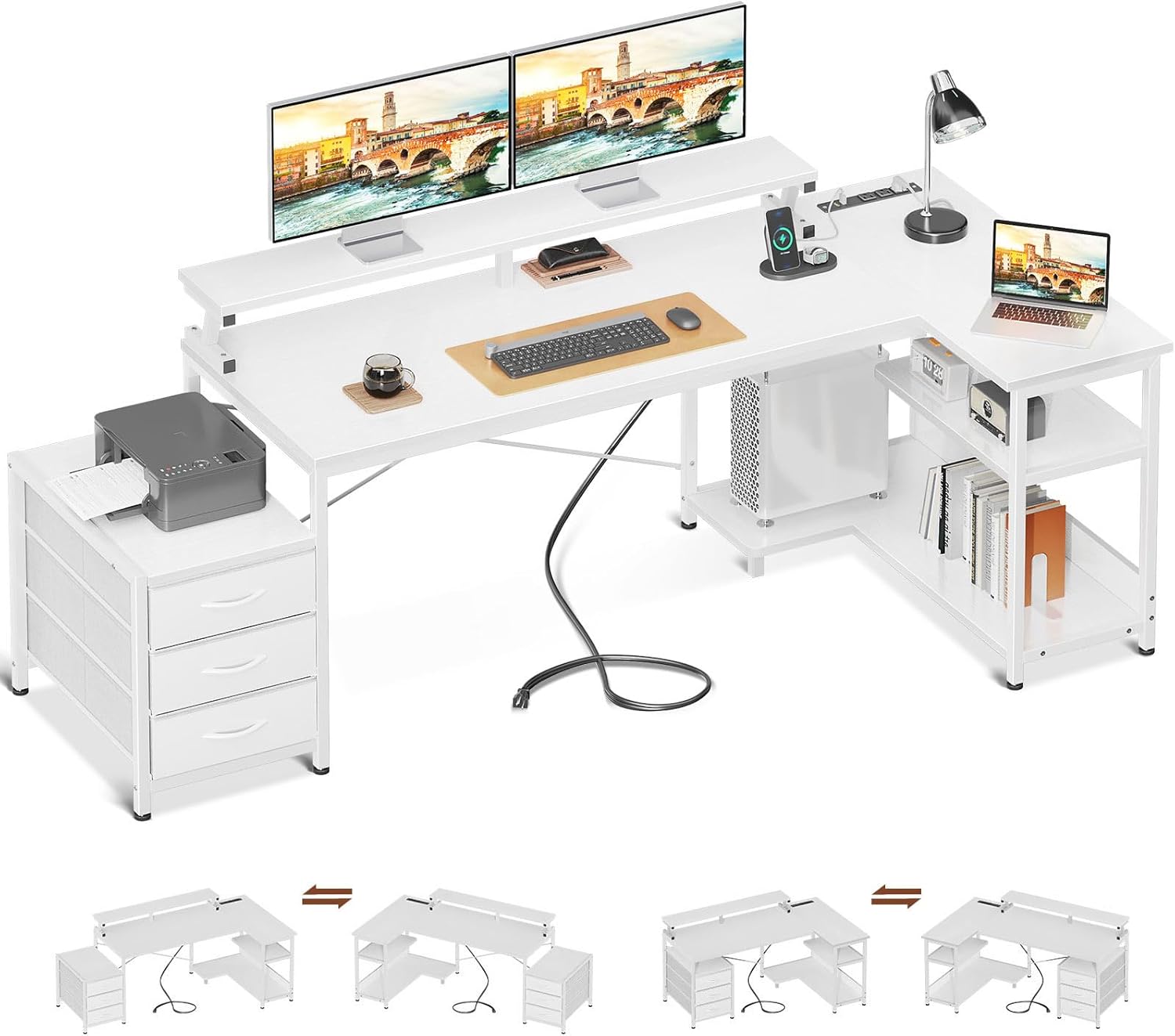 AODK L Shaped Computer Desk with Power Outlets & 3 Cloth Drawers