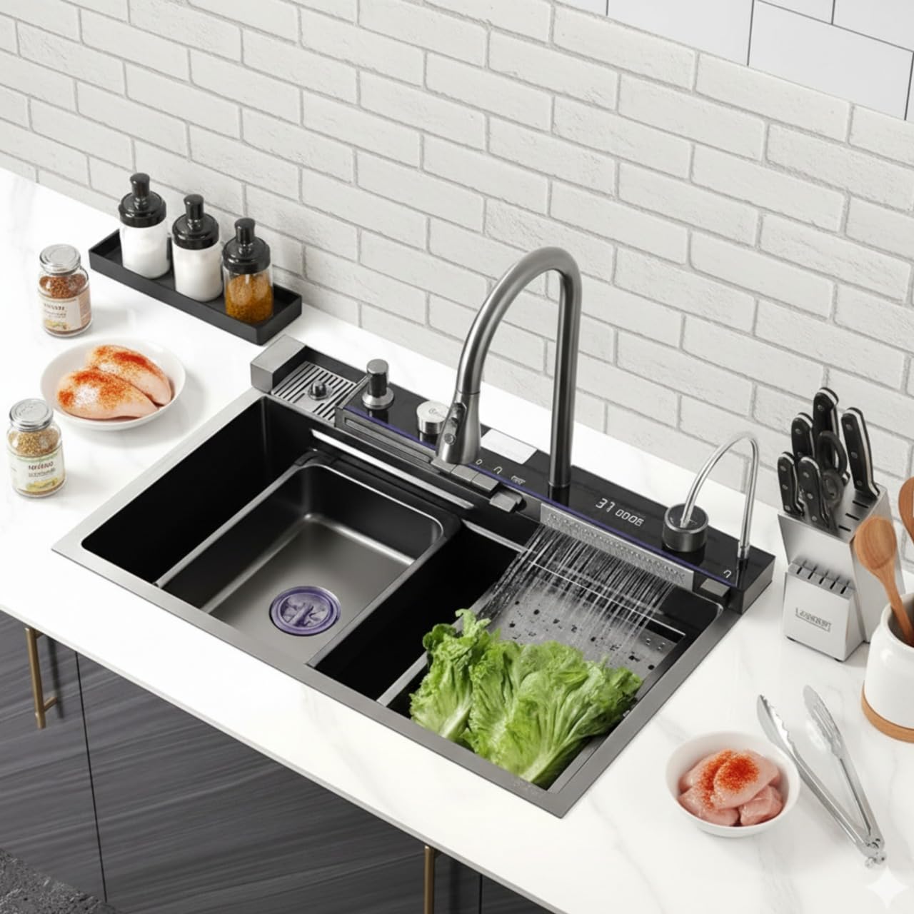 LUXART 5 Switch Piano Stainless Steel Multifunction Kitchen Sink 30x18x10 Inch - LED Digital Display & RO Tap Multifunctional Sink | Honeycomb Design Smart Sink with Waterfall & 360° Pull-Down Faucet