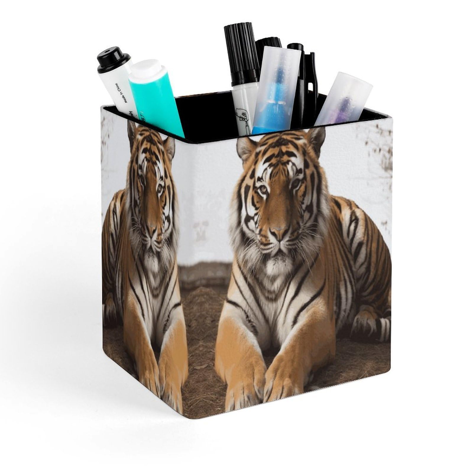 FekiLoot Big Tiger Pencil Holder for Desk Square Leather Pen Holder Cup Desktop Organizer Multi-Functional Pencil Cup Holders Modern Decorative Desk Organizer Caddy Makeup Brush Holders