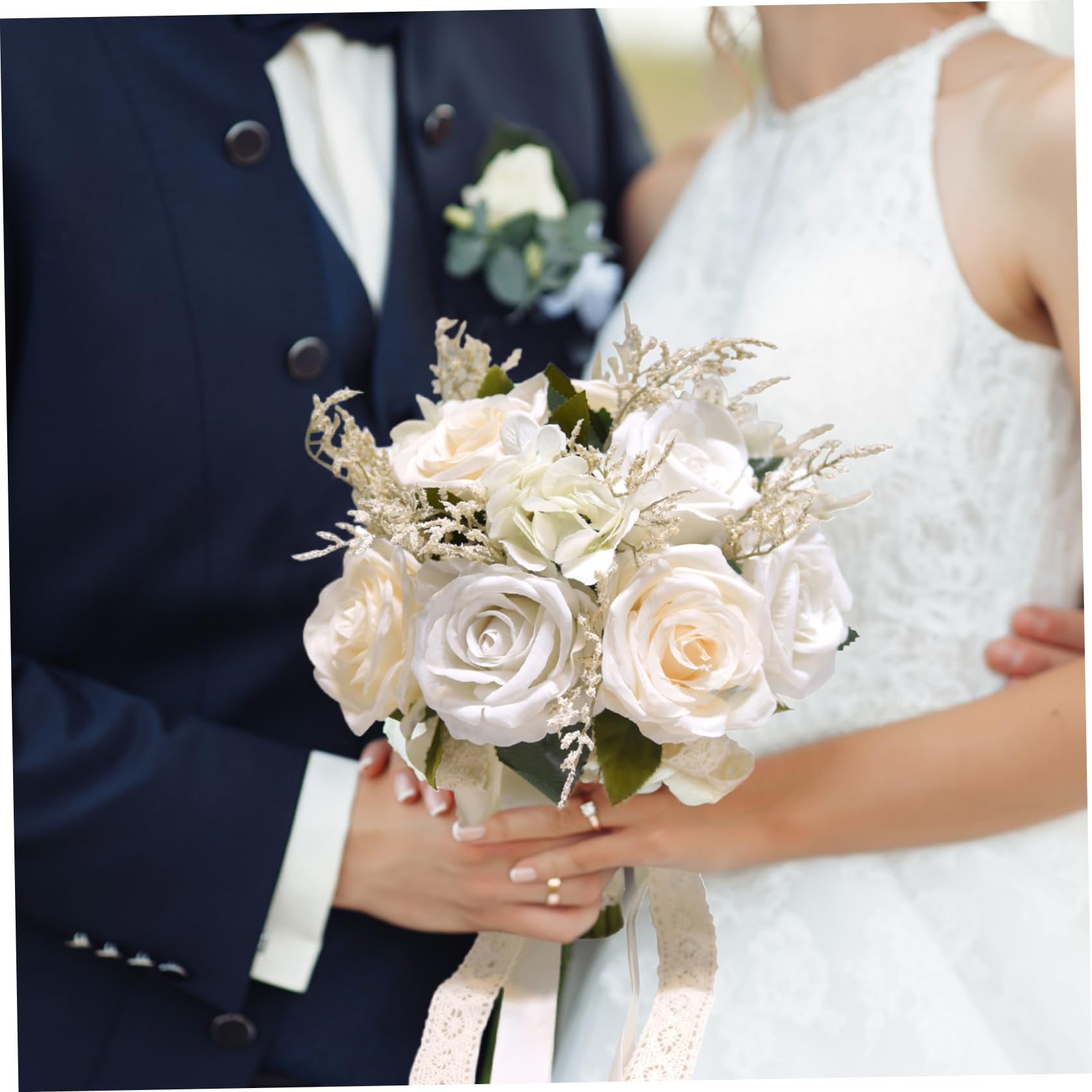 Bouquets de mariage pour la mariée, bouquets de mariée blanches de 9,1 pouces pour la mariée, bouquet de rose artificiel, bouquet de fleurs avec ruban de soie pour cérémonie de la Saint-Valentin
