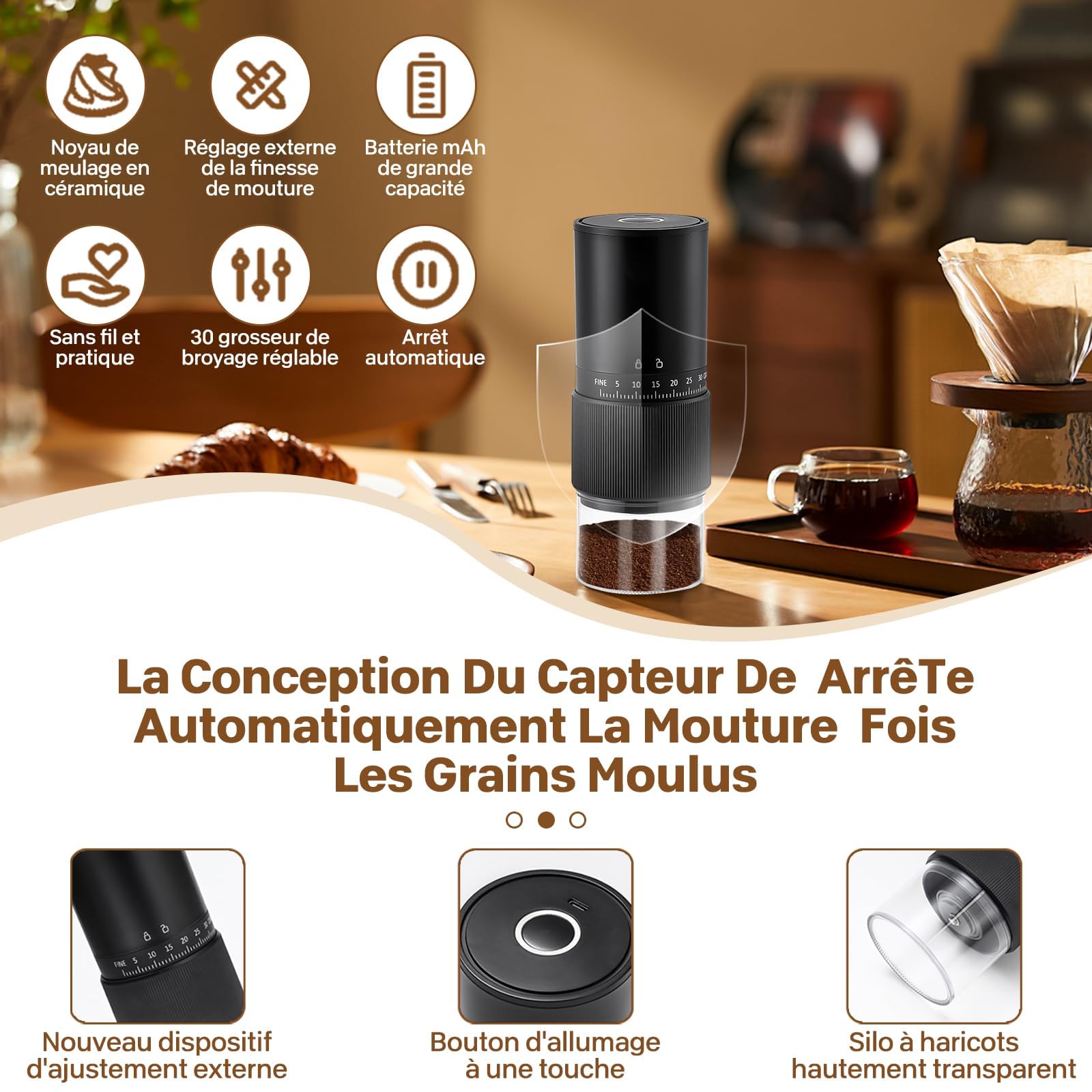 Moulin à Café, Moulin A Cafe Electrique, 30 RéGlages, Moulin à Café Sans Fil Rechargeable Avec Meule Conique En CéRamique Et Brosse De Nettoyage Broyeur Cafe Grain, Pour Le Voyage Et Le Camping