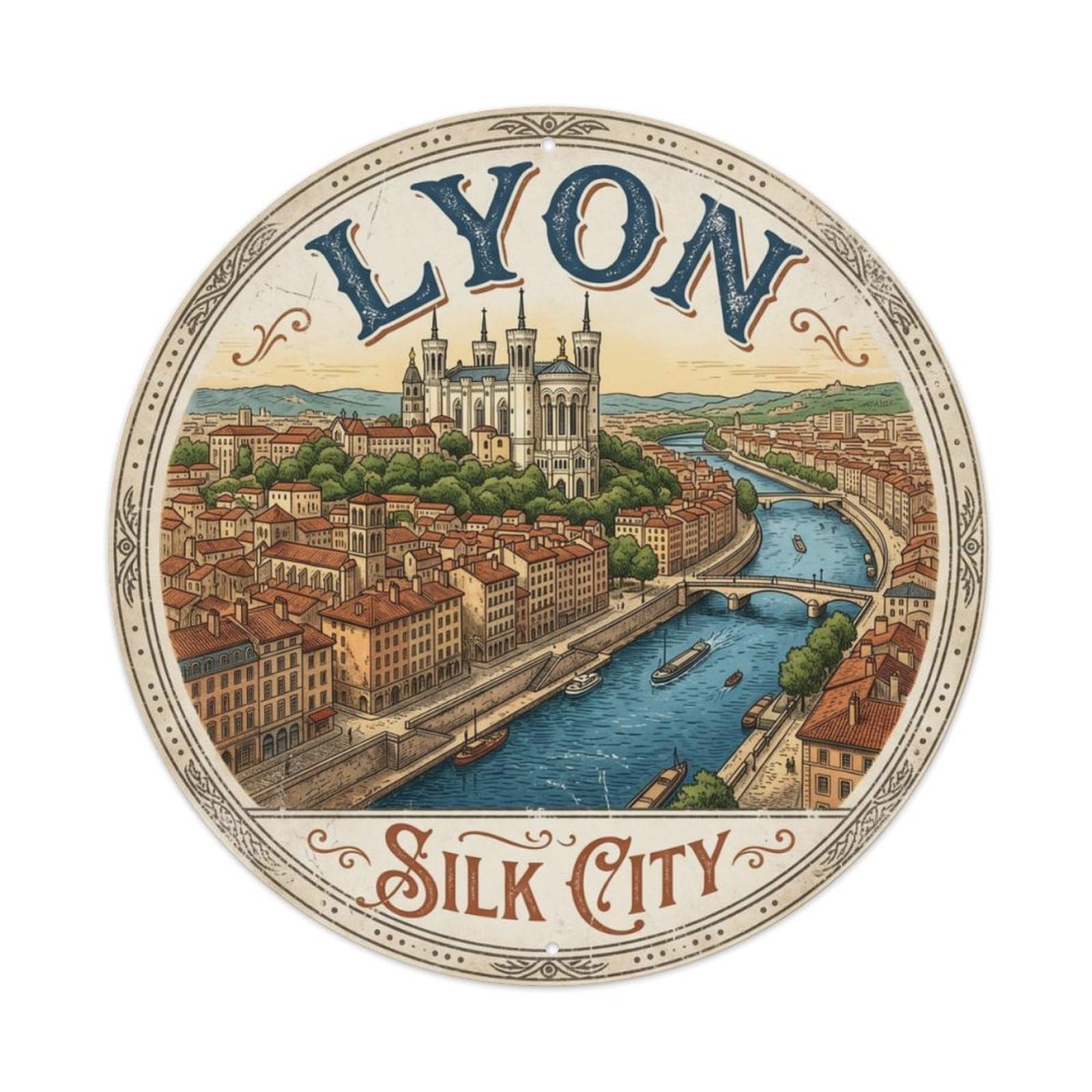 Vintage Travel Lyon Fourviere Basilica Metal Tin Sign Plaque Wall Decor for Cafe, Club, Garden Round Metal Poster 8x8Inch