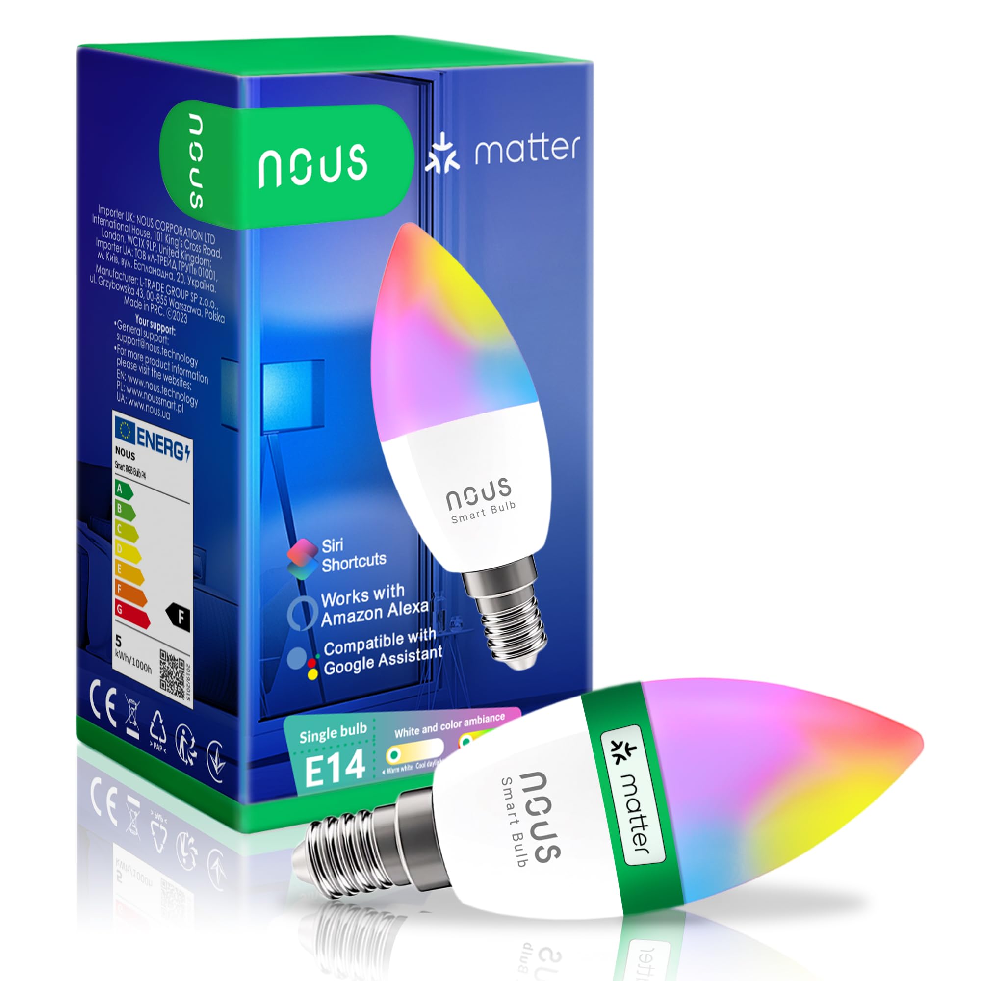 NOUS P4 Smarte WIFI Glühbirne RGB E14, WLAN Glühbirne Matter, Alexa kompatibel, LED Lampe Farbwechsel, Smart Life/Tuya App, 2.4GHz WiFi (DIE VERPACKUNG KANN VARIIEREN)