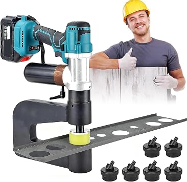 Electric Hydraulic Hole Puncher with 2 Batteries, 6 Molds 16-32mm, Hydraulic Metal Hole Punch Machine, Portable Electric Hole Punch Tool for Steel, Iron, Aluminum, Copper Plate