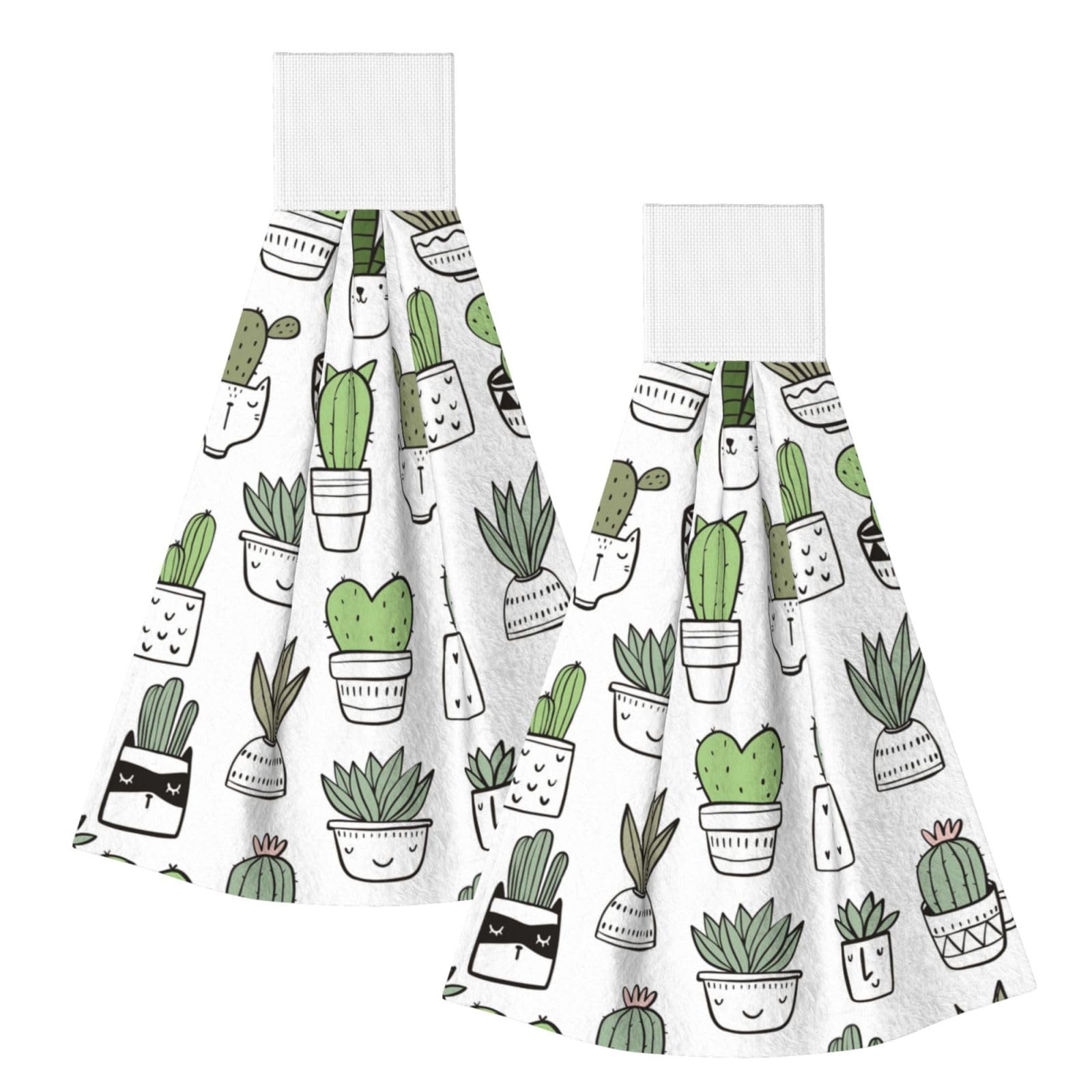 DOPKLNA Hand Drawn Cactus Print, 2 Pcs Hanging Coral Fiber Hand Towels for Bathroom, Absorbent Kitchen Towels