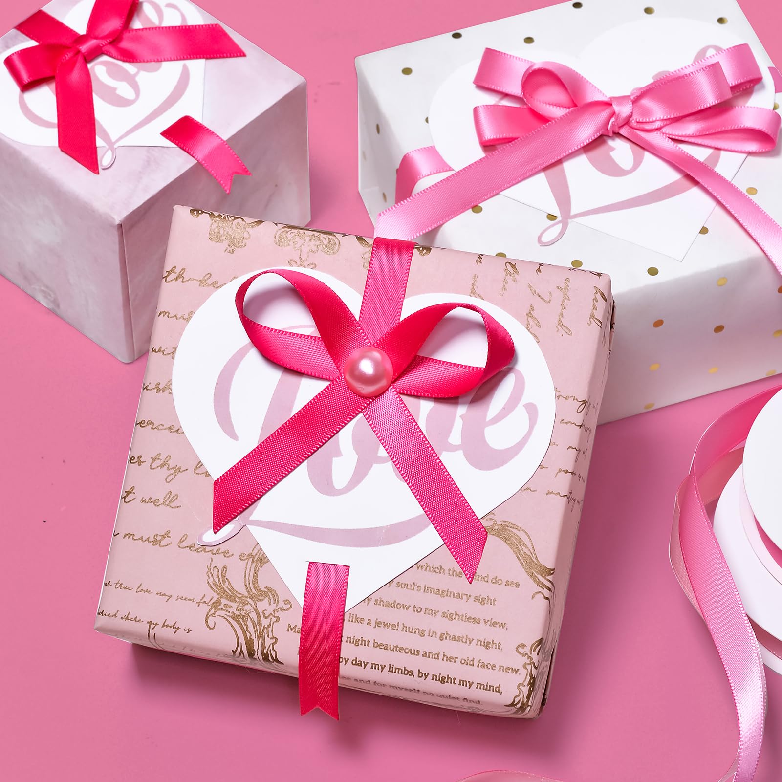 Pink Double Faced Satin Ribbon Set, 3/8 Inch White, Light Pink...