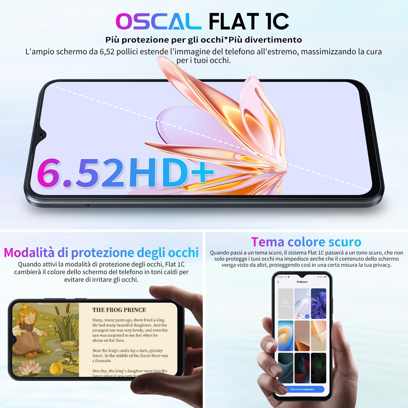 OSCAL Flat 1C Smartphone 4GB RAM 32GB ROM 1TB Espandibile, 4700mAh, 6.5" HD+, 8MP+5MP, 4G Dual SIM Telefono Cellulare, Android 13 Smartphone Offerta Octa Core/BT4.2/5G Wi-Fi/Face ID/OTG Nero