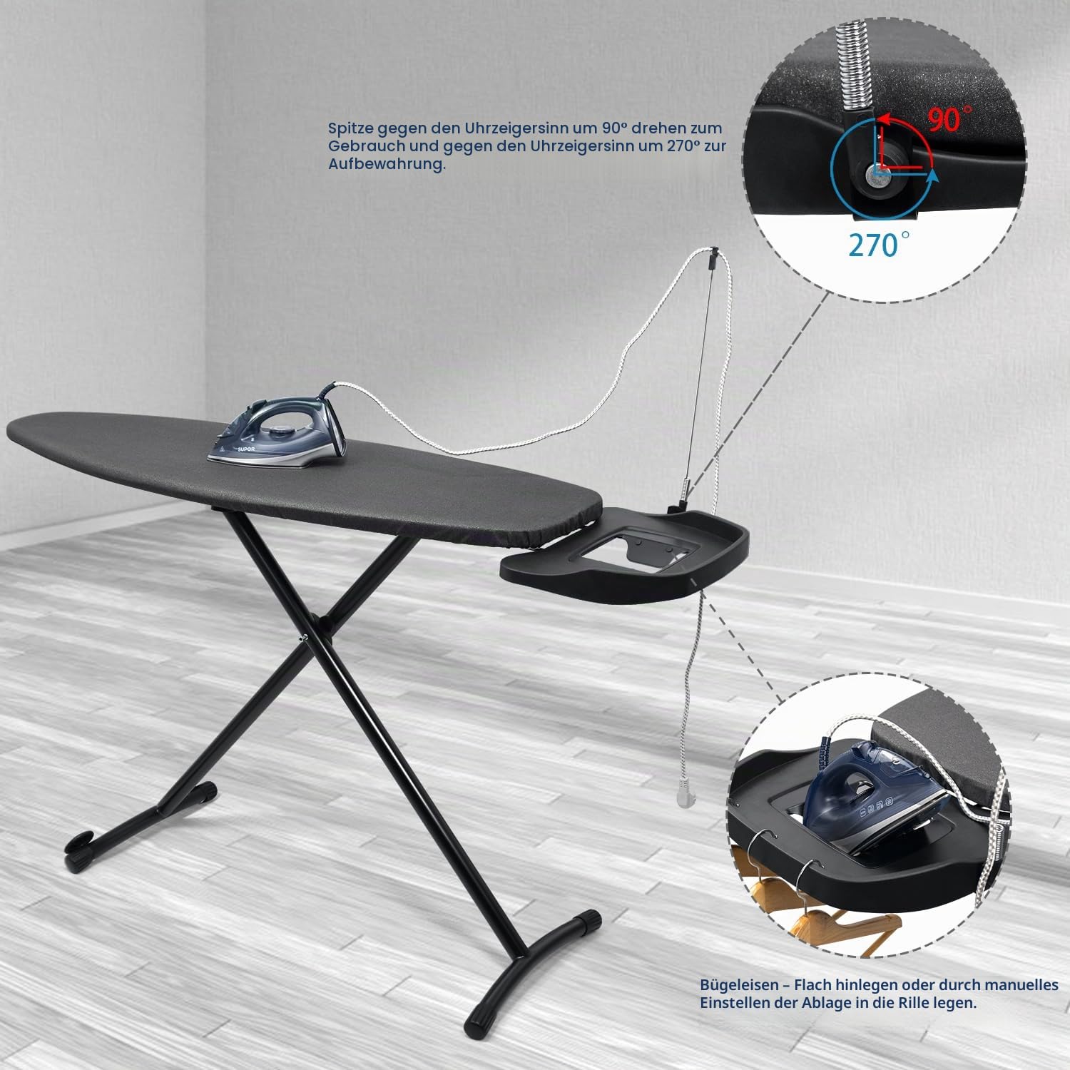 Duwee Extra Large Bügelbrett mit Rollen, Extra breites Bügelbrett für Dampfstationen, robuste und klappbare Beine, 10 mm Fellenauflage, schwarz, 122 x 46 cm