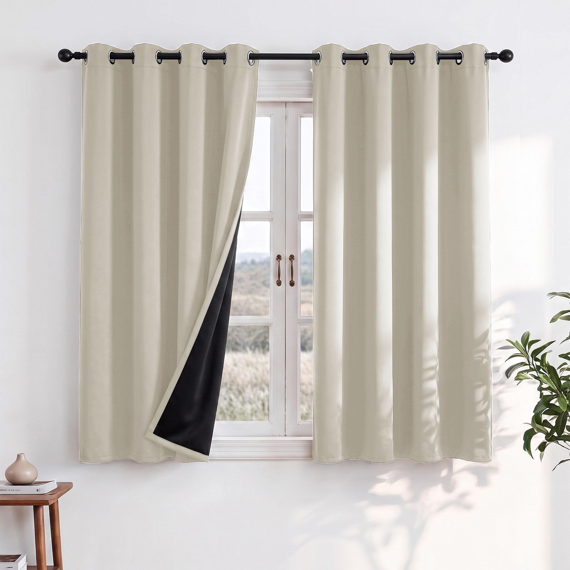 Deconovo 100% Blackout Curtains for Bedroom, Thermal Insulated Eyelet Beige Curtains for Small Window &Kitchen with Black Backing, 2 Panels, W46 x L54, Light Beige — image 1