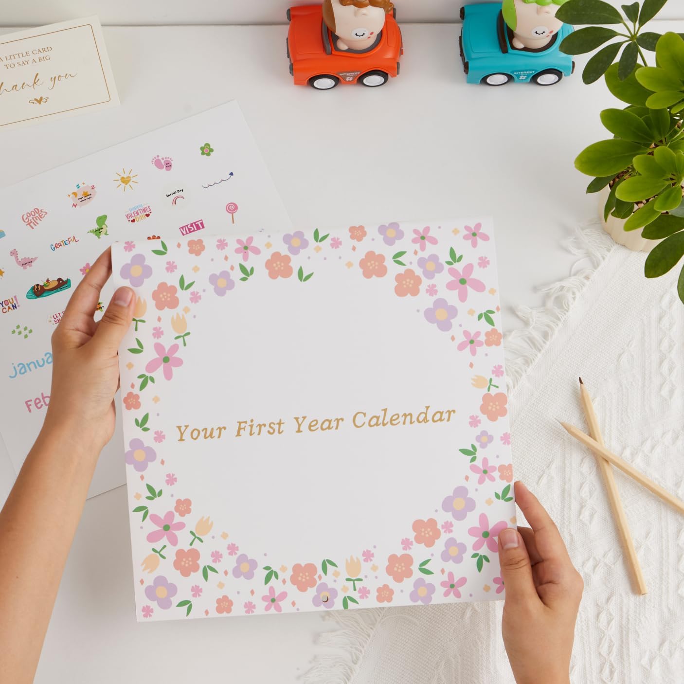 Baby First Year Keepsake Memory Calendar BONUS/W Stickers by Joss & Lac Design – Family Tree | Gender Neutral | Wonderful Gift for Baby Boys & Baby Girls (Flower)