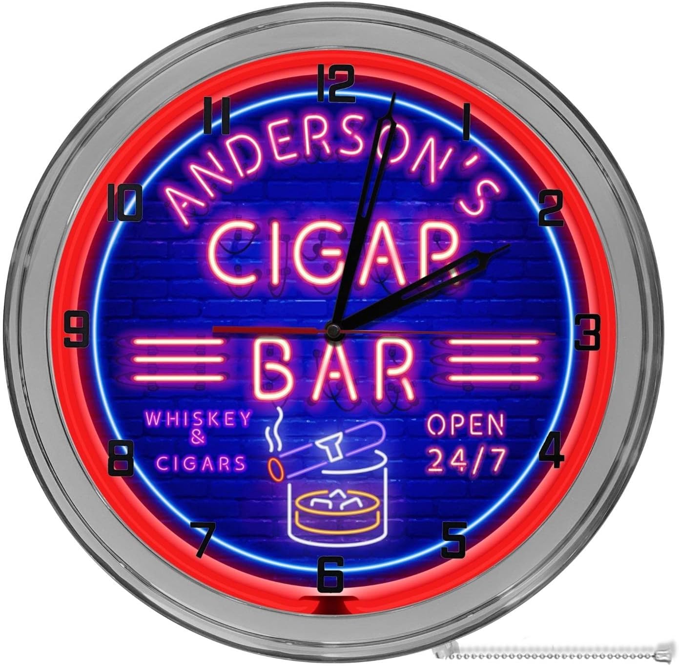 Cigar Bourbon Bar 16" Purple Light Up Neon Clock