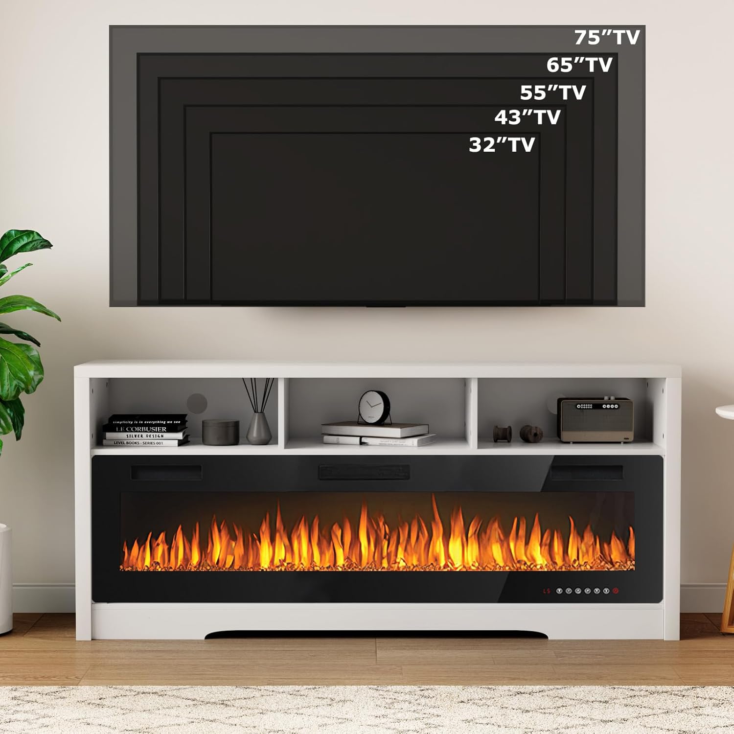 PUKAMI Fireplace TV Stand for TVs Up to 75" TV, 65 inch TV Stand with 60" Electric Fireplace, Entertainment Center with Open Shelve Storage for Living Room (White)
