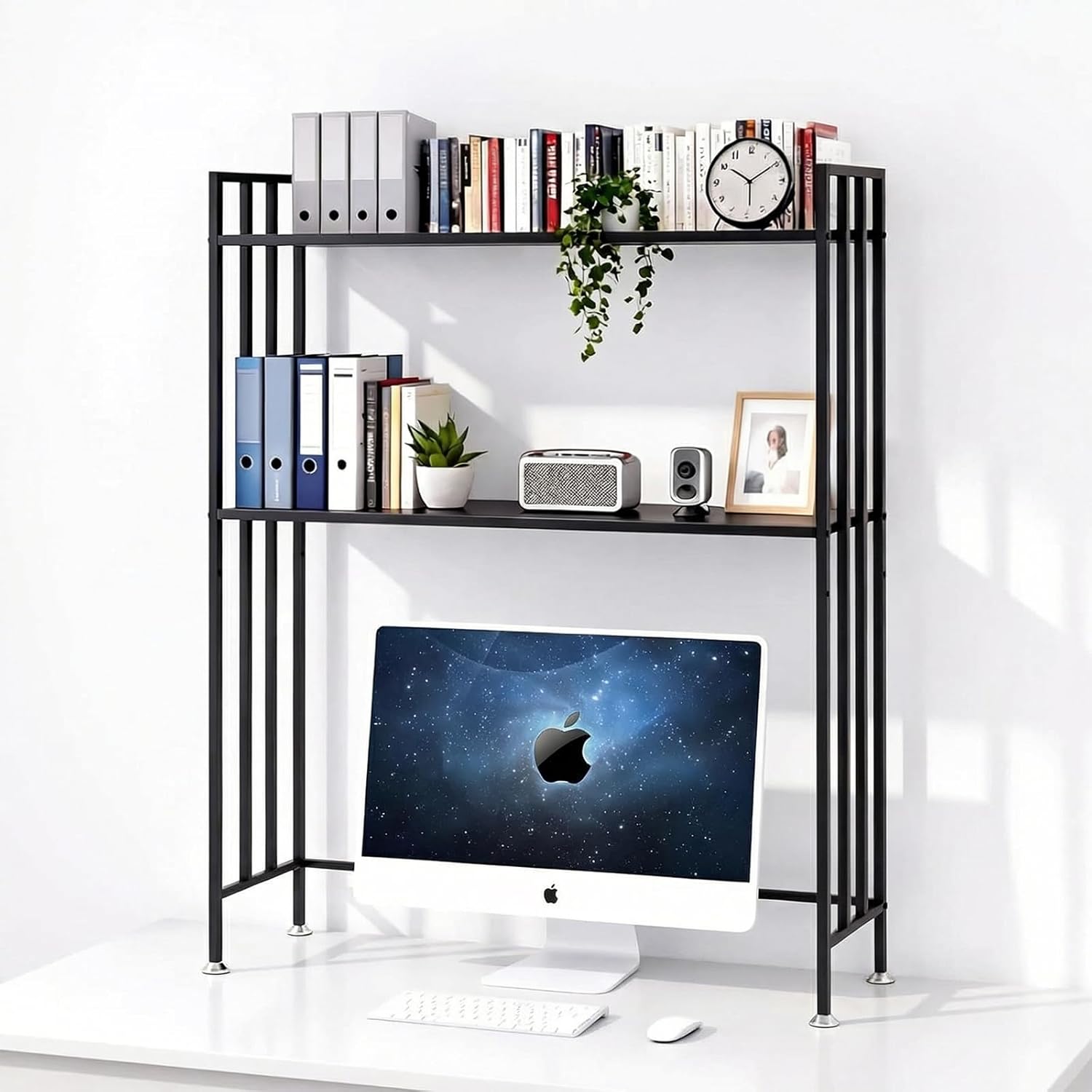 Desk Hutch with Adjustable Height, 2-Tier Rust-Resistant Iron Desk Shelf Organizer for Office Dorm, Desk Organizer Shelf（Black）