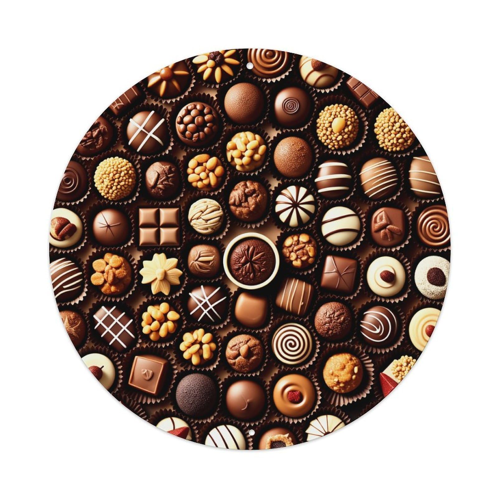 Chocolate Assorted Pattern Print Design Round Tin Sign Vintage Metal Poster, Home Bar Garage Man Cave Cafe Indoor & Outdoor Wall Decoration 8x8Inches