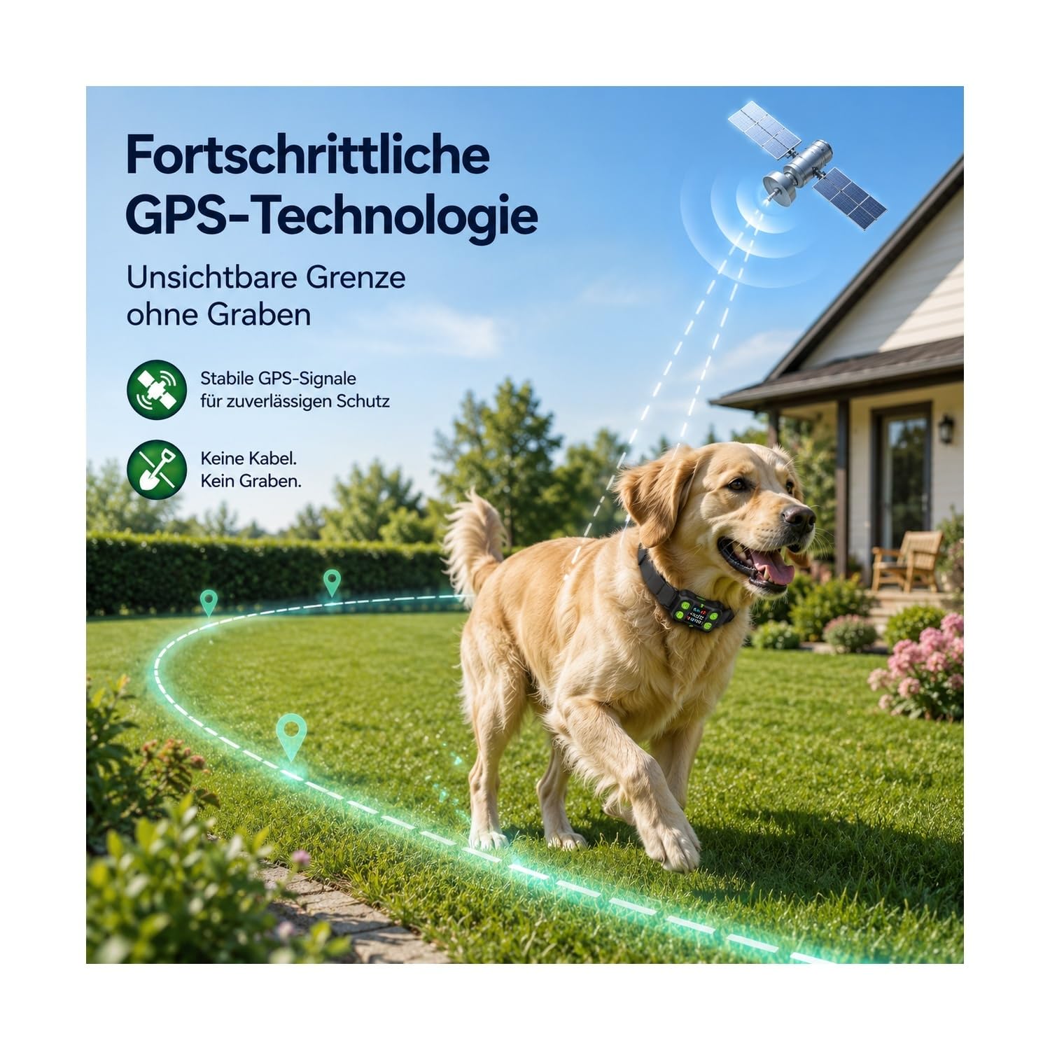 Kabelloses Hundezaunsystem mit GPS – Elektronischer unsichtbarer Hundezaun ohne Kabel, wasserdichtes verstellbares Halsband, Bildschirm, Begrenzungsflaggen und Trainingsanleitung