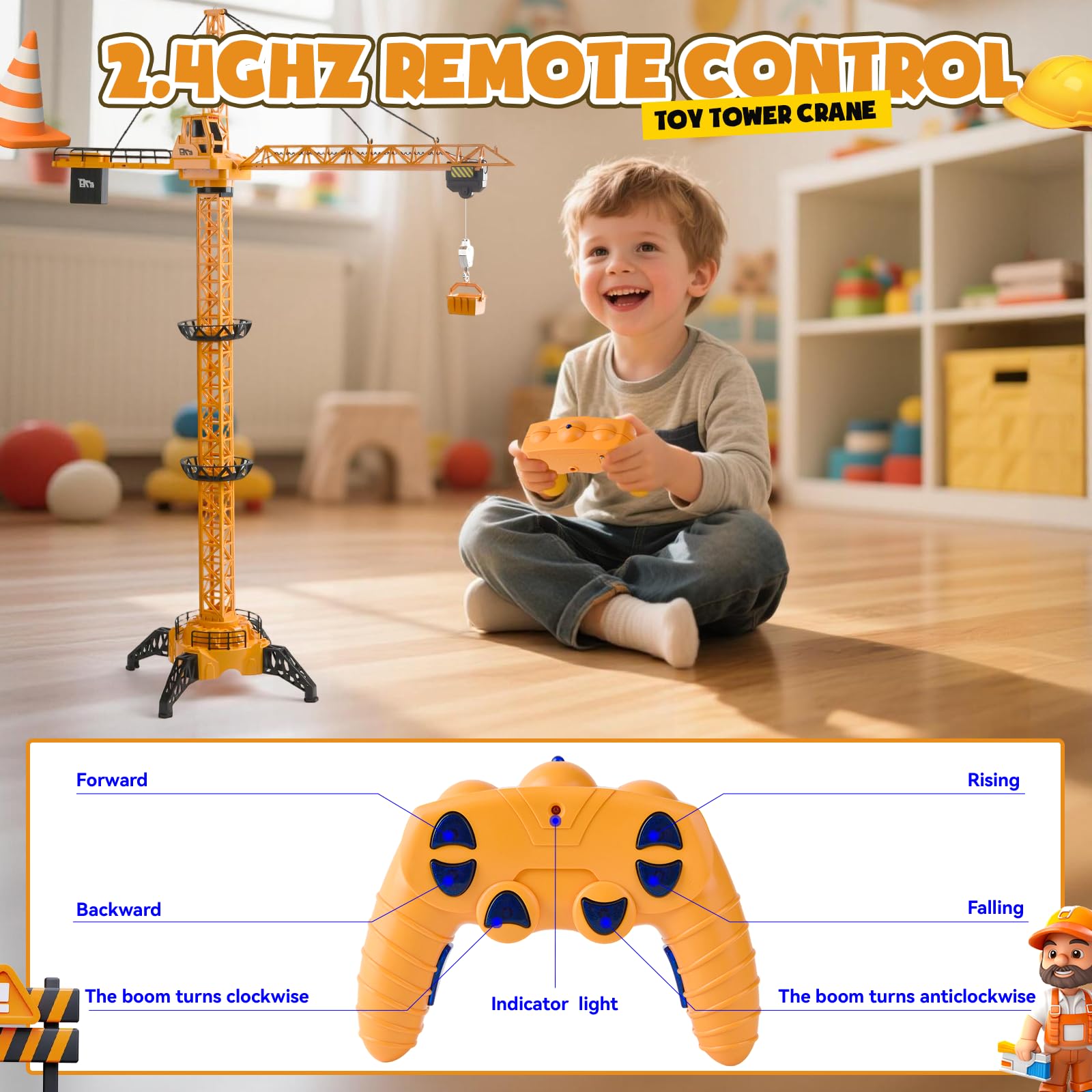Grúa Torre Teledirigida 128 cm RC, 6 Canales 2.4 GHz 680° Rotación, Grúa de Construcción con Luces y Sonido, Juguete para Niños 3+ Años