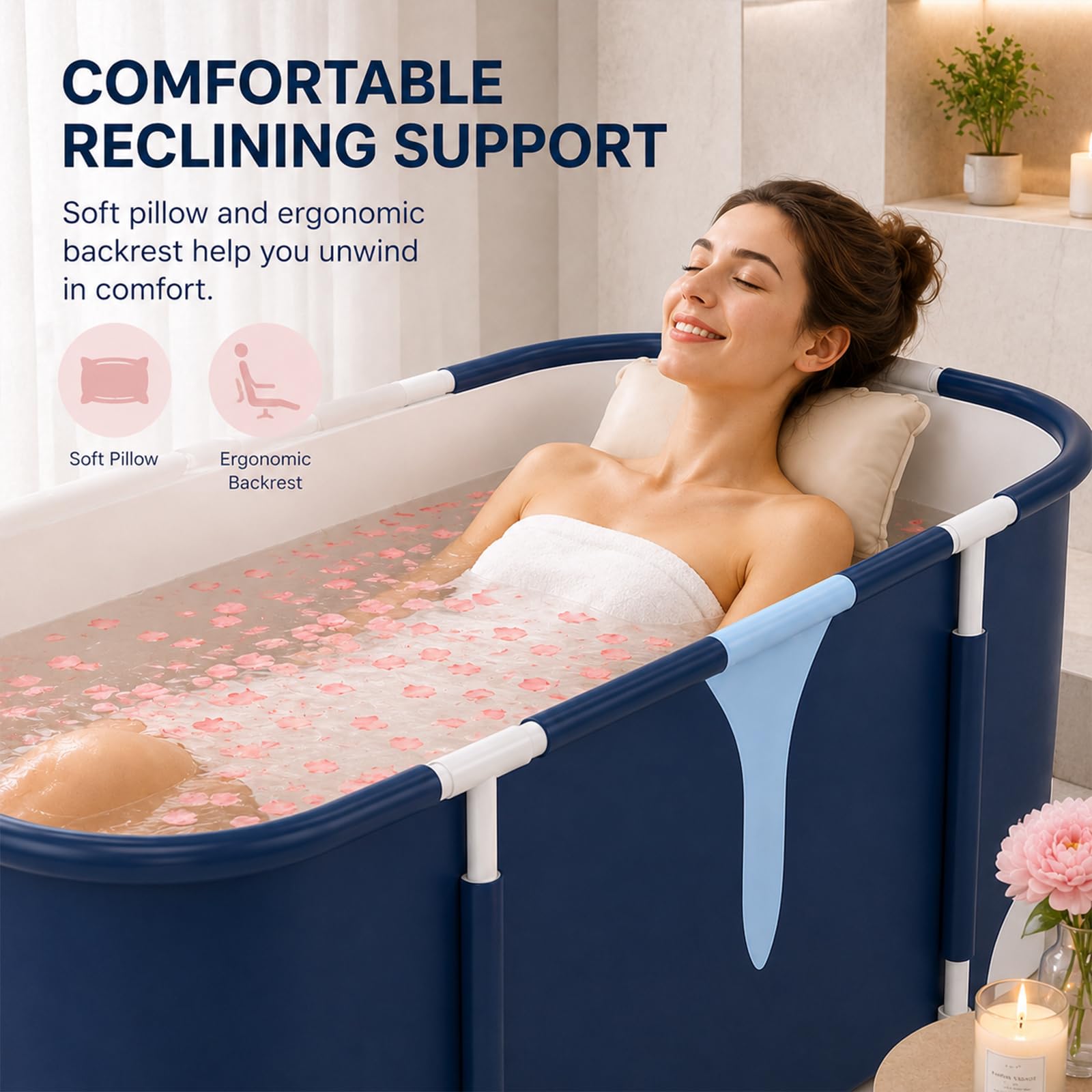 Faltbare Badewanne Erwachsene Komfort Größe 140cm Beinfreiheit Mobile Wanne Klappbar mit 6 Lagen Isolierung für Dusche inklusive Rückenlehne und Sitzkissen ideal für Home Spa und Eisbad Outdoor