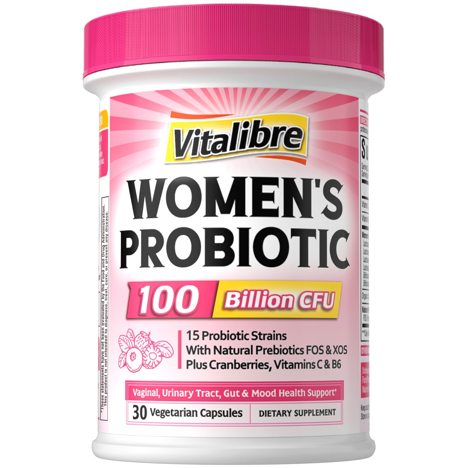 Vitalibre Probiotics for Women 100 Billion CFU 15 Strains, Daily Probiotic & Prebiotic Supplement with Organic Cranberry to Support Vaginal, Digestive, Immune Health, Shelf Stable, 30 Vegan Capsules