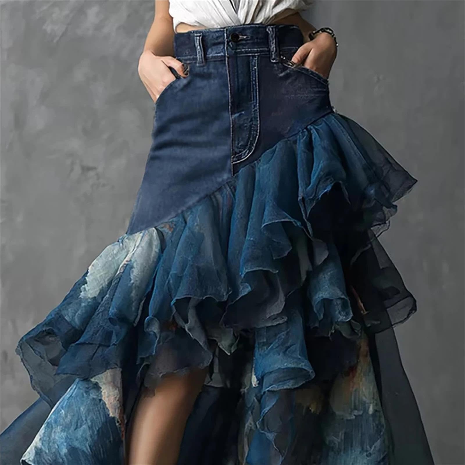 Gonna Lunga da Donna con Volant Patchwork in Denim a Vita Alta