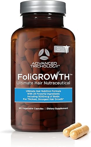 Novedosa vitamina para crecimiento capilar FoliGROWTH - sin gluten, fórmula vegana, probados en terceros- con biotina de alta potencia, detiene la