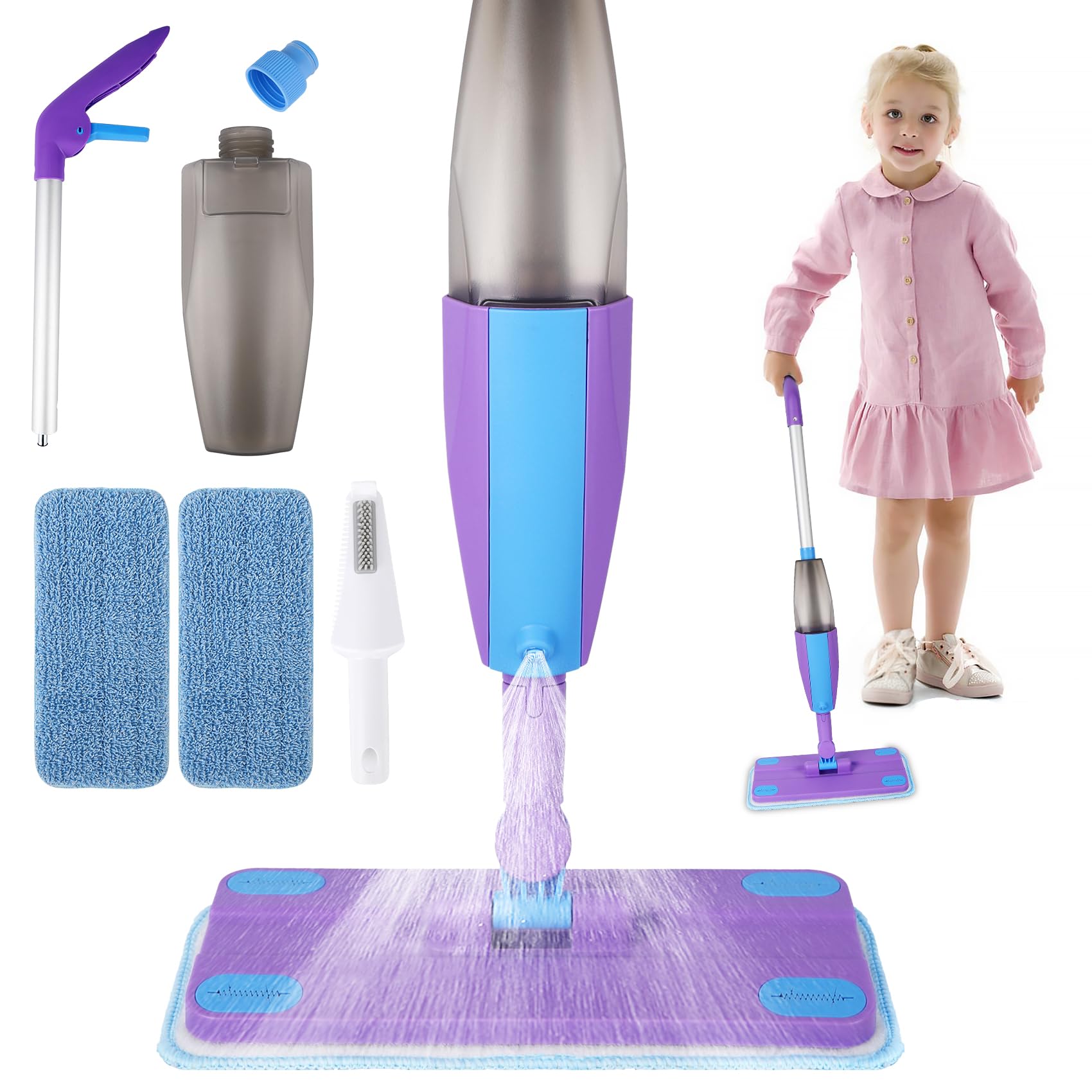 Trapeador con atomizador para niños, juego de limpieza para niños pequeños con rociador de agua y 2 almohadillas lavables para trapeador y raspador, juguetes Montessori de limpieza para juegos de