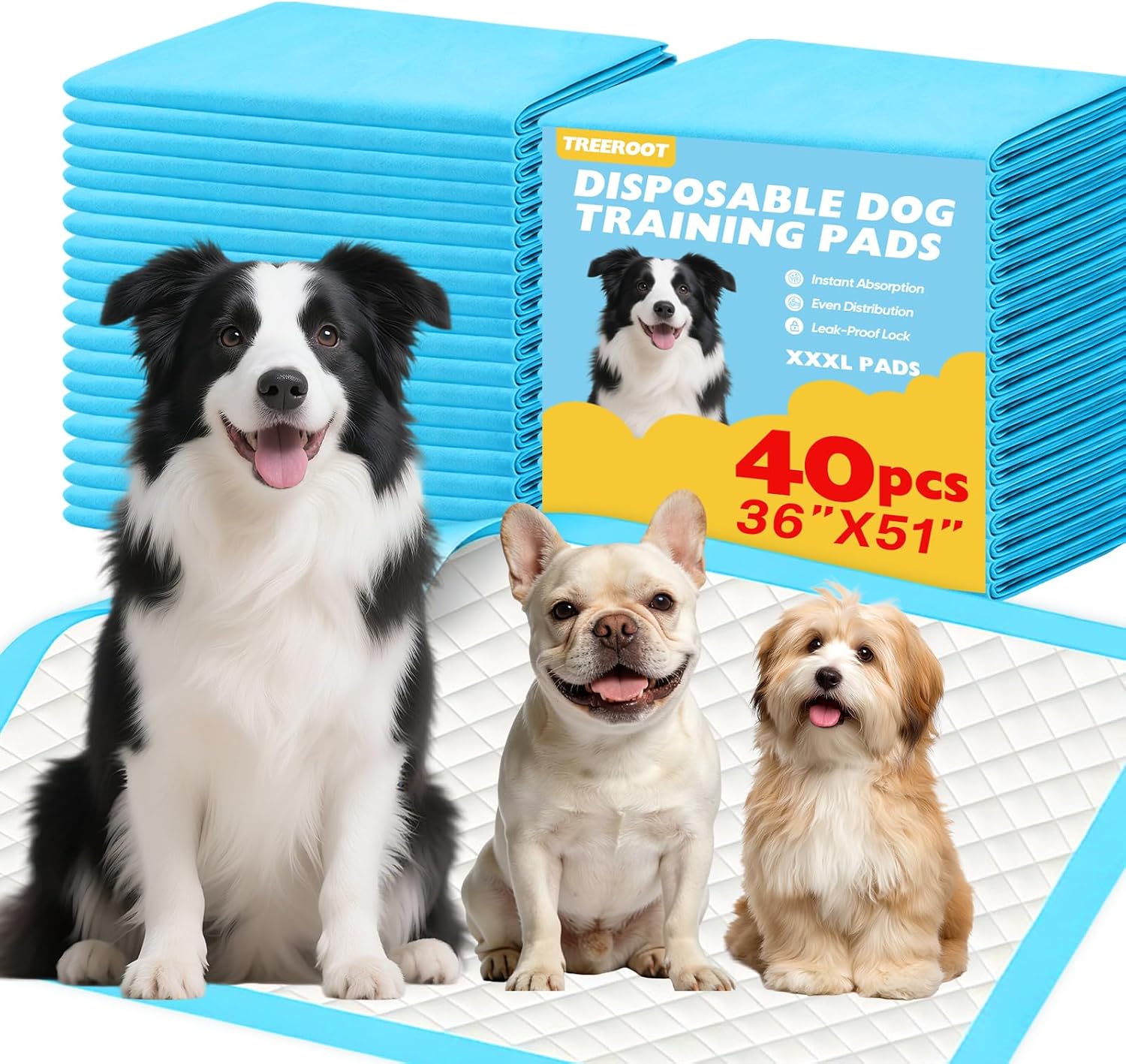 40 Pack XXXL 36"x51" Puppy Pee Pads for Dogs, Dog Training Pads Extra Large