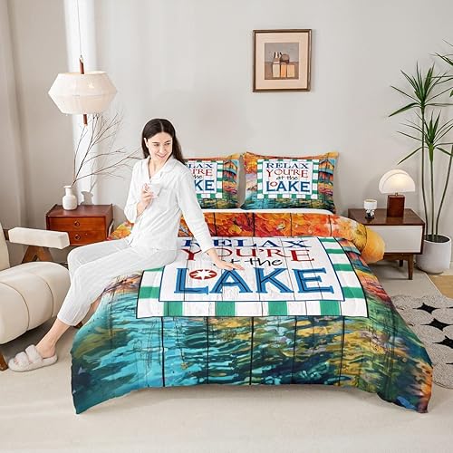 Miniatura 7 de Juego de edredón rústico de casa de lago, tamaño individual, para niñas, niños, decoración de habitación de cabaña, pino negro y citas divertidas,
