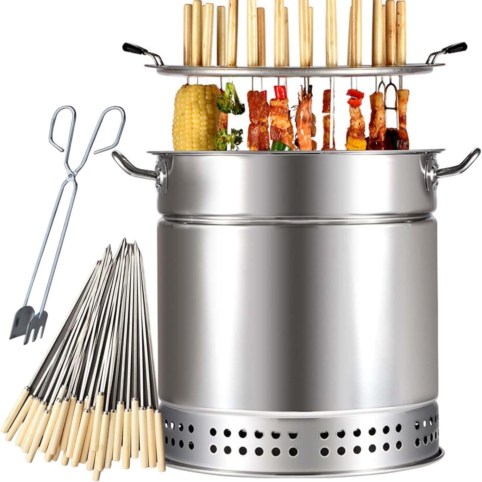 Bezdymny grill na węgiel drzewny, ze stali nierdzewnej, na kemping, przenośna konstrukcja beczki z 28 akcesoriami, kosz na kółkach i siatkowy stojak