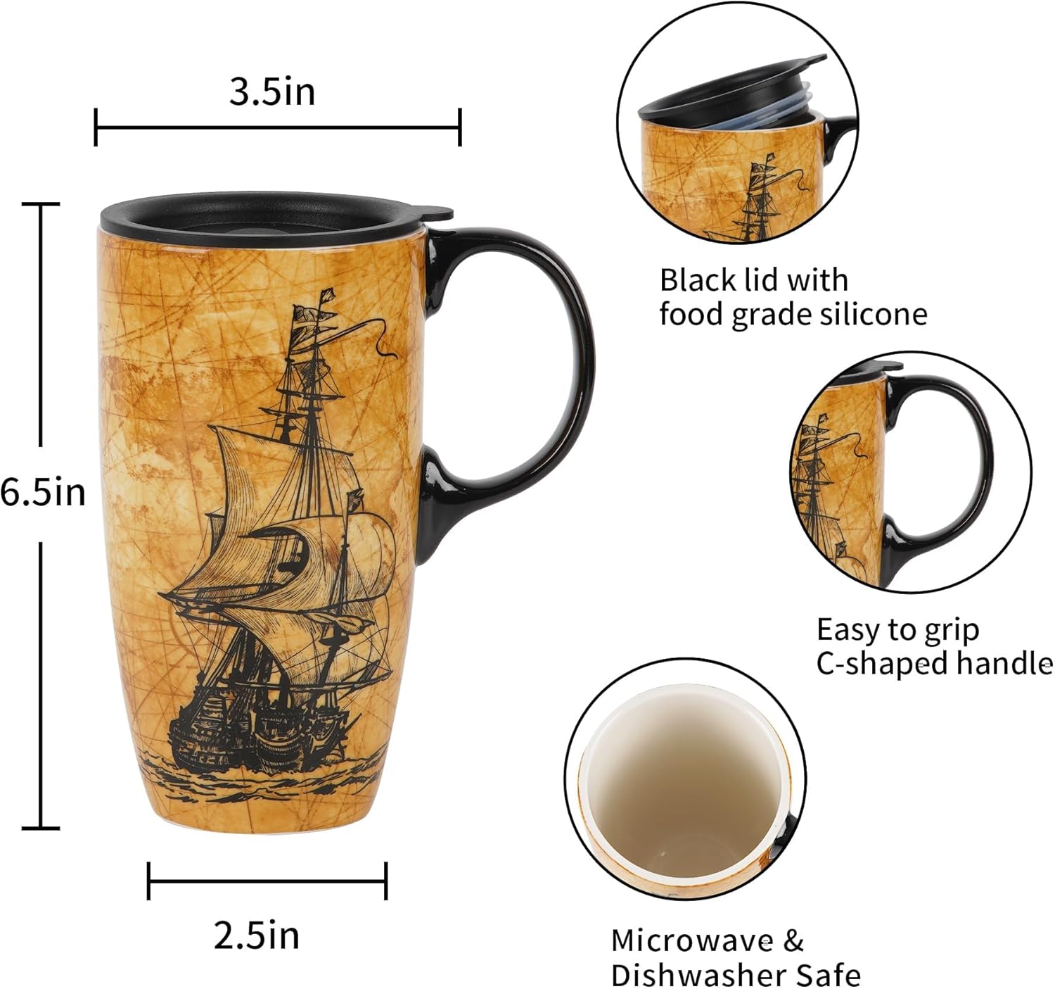 Coffee Ceramic Mug Porcelain Latte Tea Cup With Lid 17oz, Novelty Coffee Mugs for Men Women Office & Home Sailboat - Image 7
