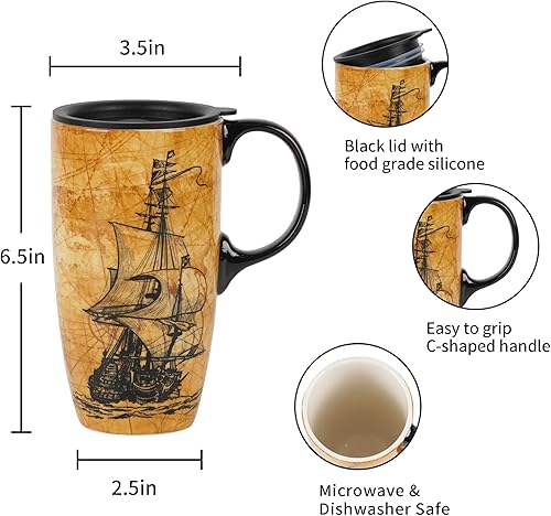 Miniatura 7 de Topadorn Taza de cerámica de café de porcelana con tapa de 17 onzas, tazas de café novedosas para hombres, mujeres, oficina y hogar, velero